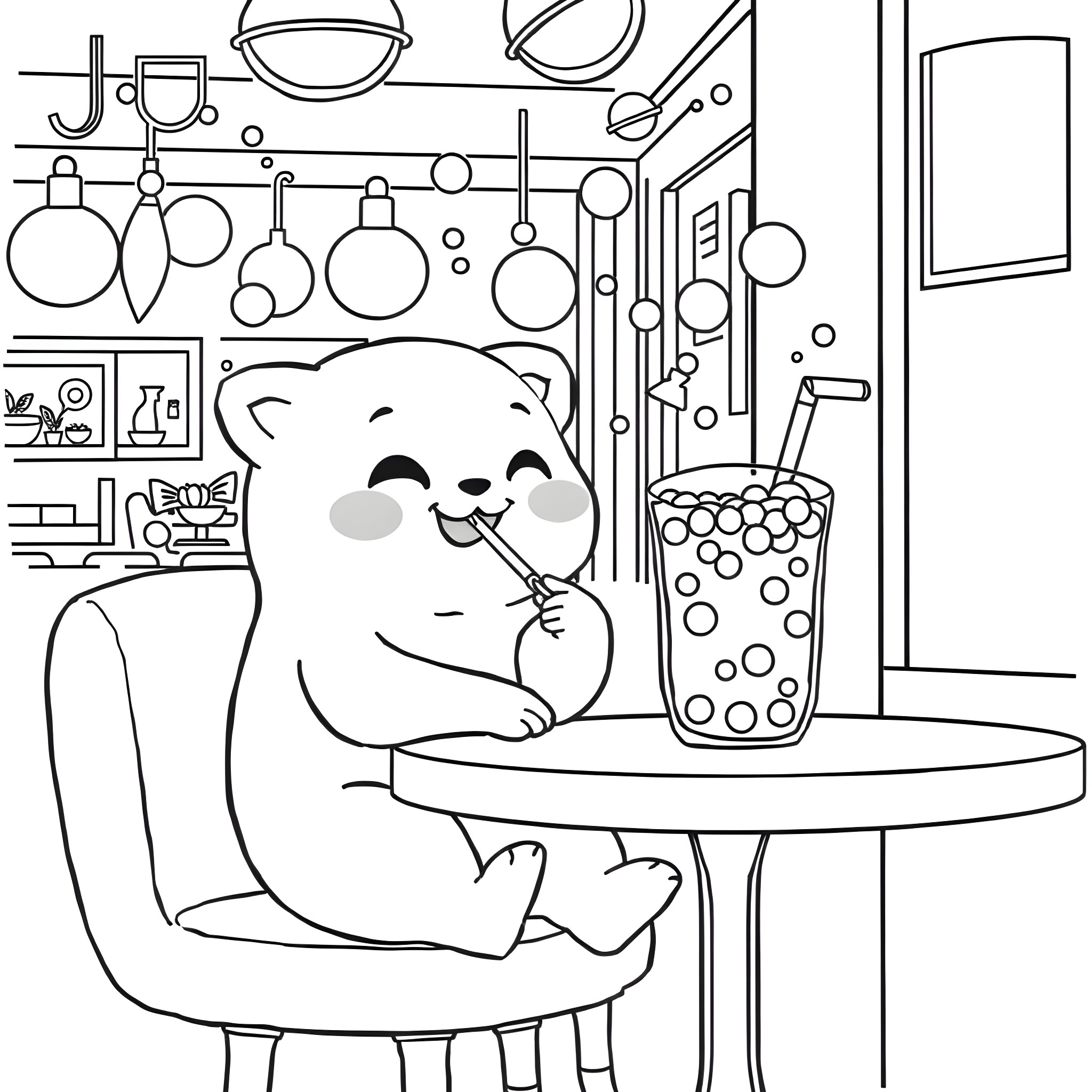 Labubu enjoying a refreshing drink in the kitchen Coloring Page (free black-and-white line drawing printable PDF for all, from beginners to advanced learners, including children, teens, adults, and seniors)