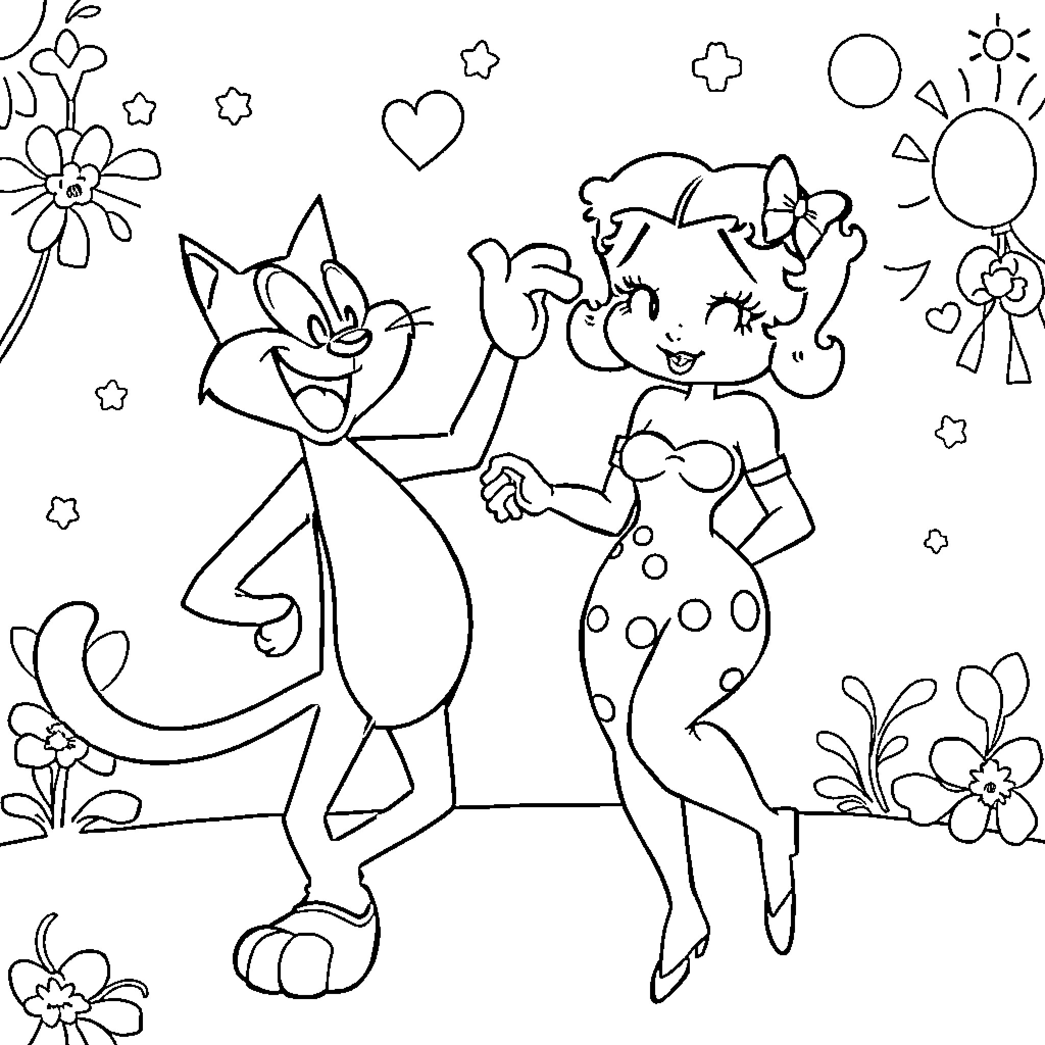 Felix and the Cheerful Fairy Dance Coloring Page (free black-and-white line drawing printable PDF for all, from beginners to advanced learners, including children, teens, adults, and seniors)