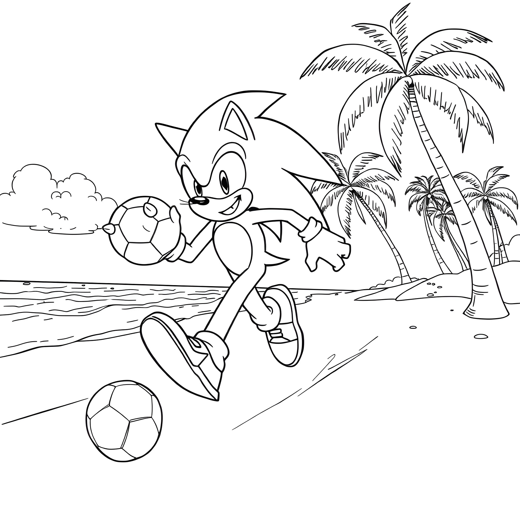 Sonic playing soccer on a tropical beach Coloring Page (free black-and-white line drawing printable PDF for all, from beginners to advanced learners, including children, teens, adults, and seniors)
