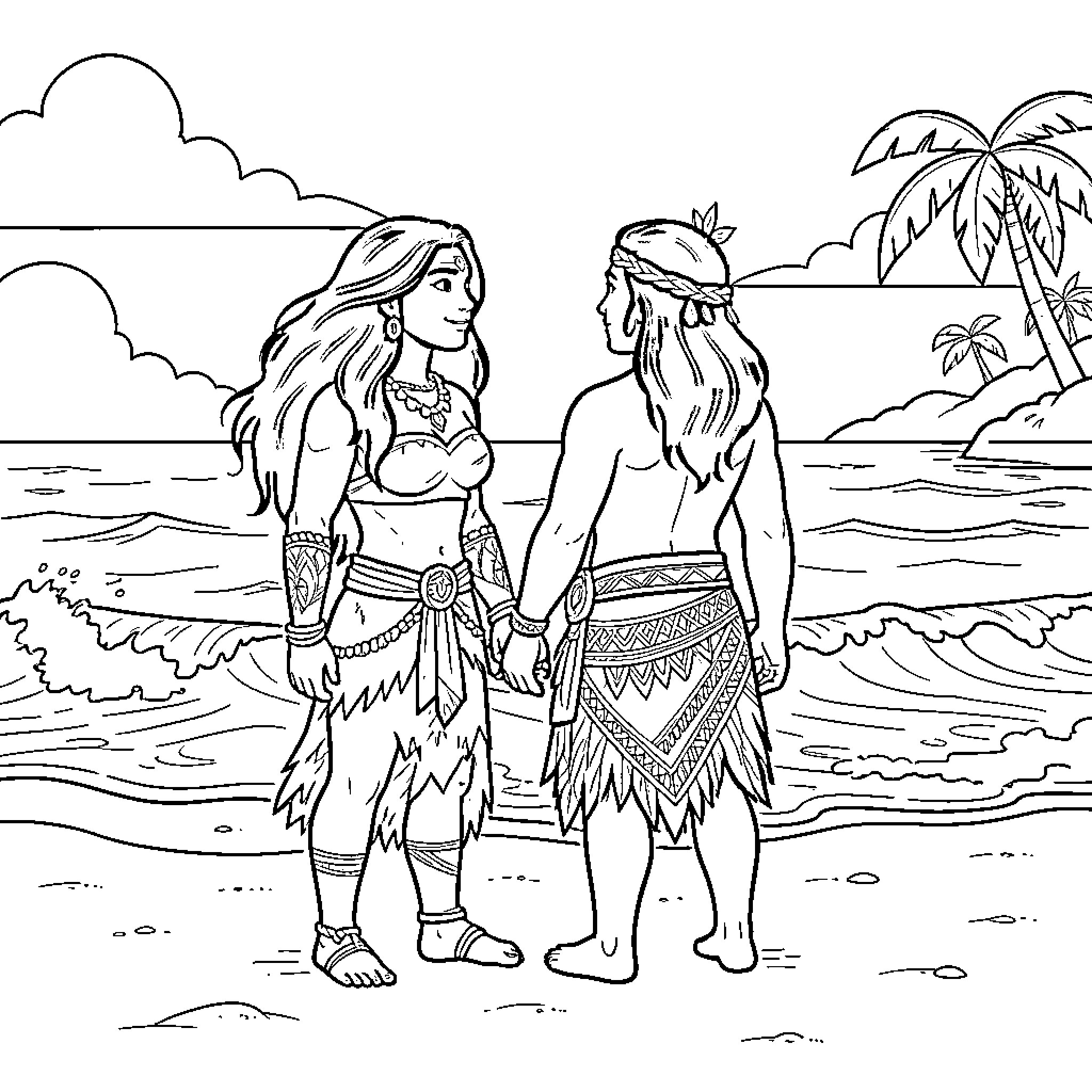 Moana and Maui holding hands on a tropical beach Coloring Page (free black-and-white line drawing printable PDF for all, from beginners to advanced learners, including children, teens, adults, and seniors)