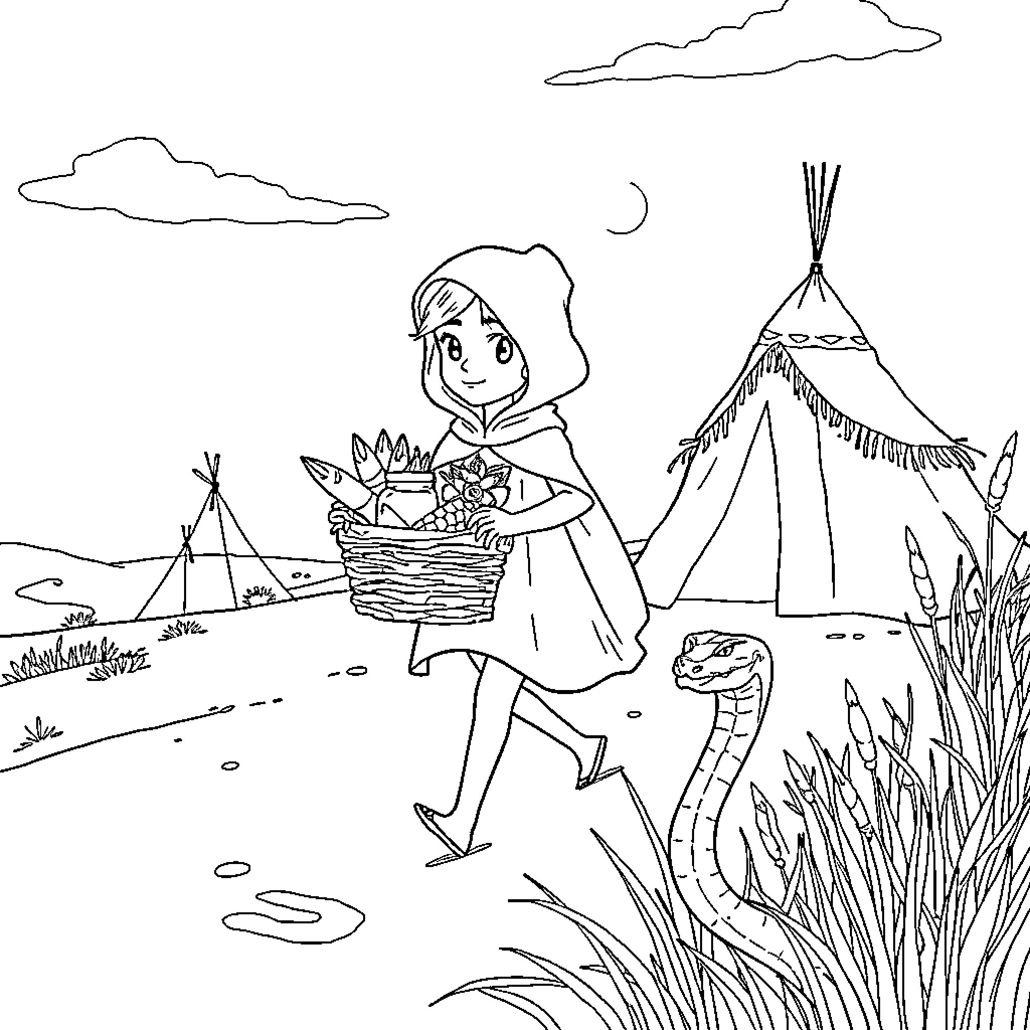 Little Yellow Riding Hood carries a basket in the wilderness Coloring Page (free black-and-white line drawing printable PDF for all, from beginners to advanced learners, including children, teens, adults, and seniors)