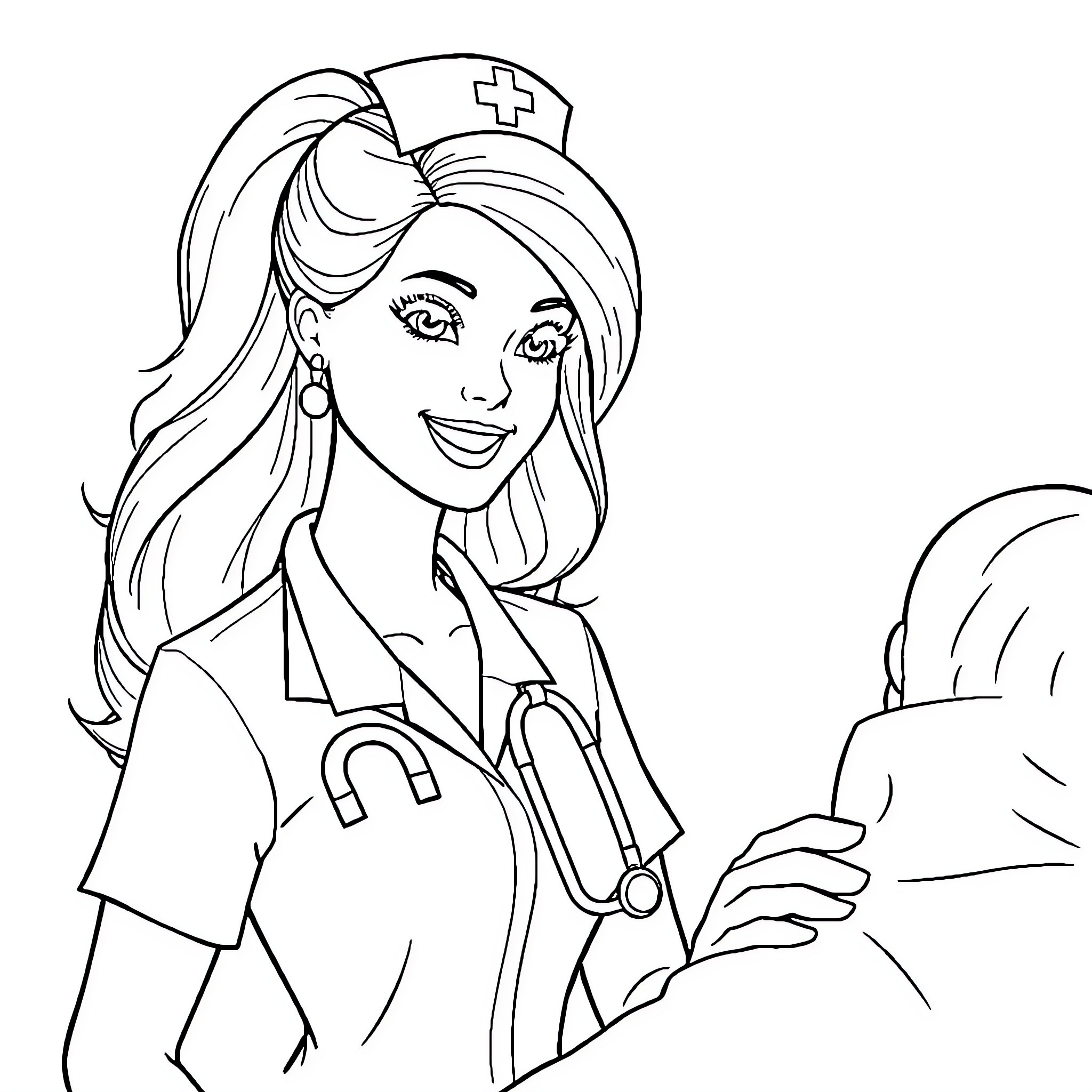 Barbie as a Cheerful Nurse Coloring Page (free black-and-white line drawing printable PDF for all, from beginners to advanced learners, including children, teens, adults, and seniors)
