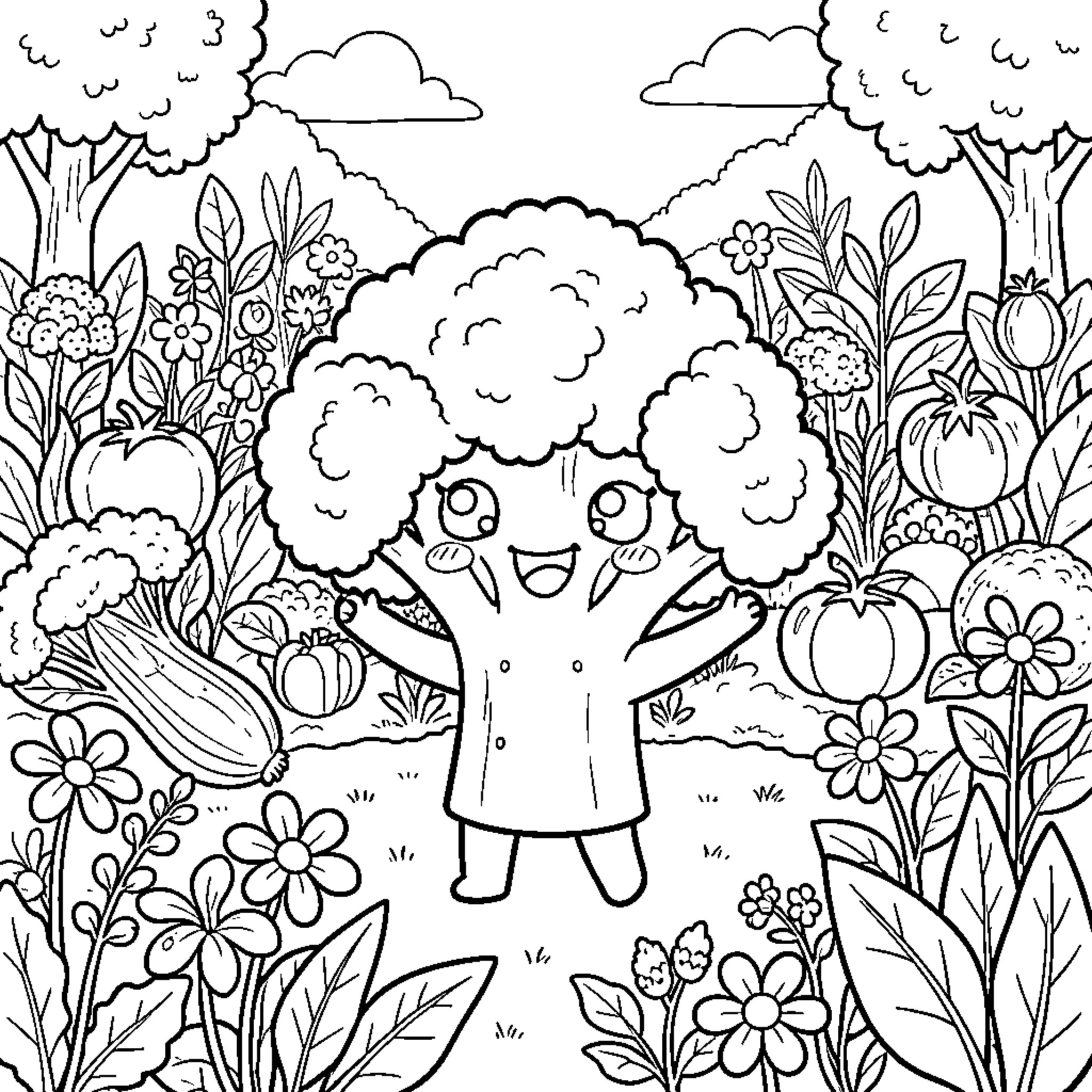 Broccoli character enjoying flowers in garden Coloring Page (free black-and-white line drawing printable PDF for all, from beginners to advanced learners, including children, teens, adults, and seniors)