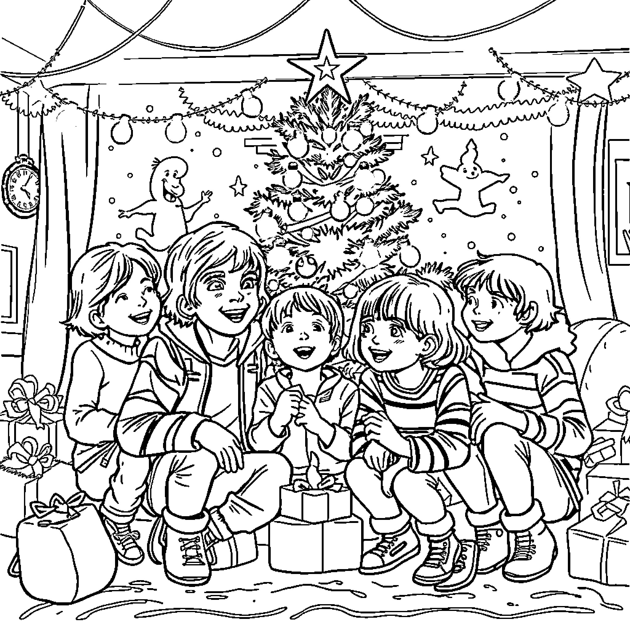 Stranger Things: Children Celebrate Christmas with Toys and Tree Coloring Page (free black-and-white line drawing printable PDF for all, from beginners to advanced learners, including children, teens, adults, and seniors)