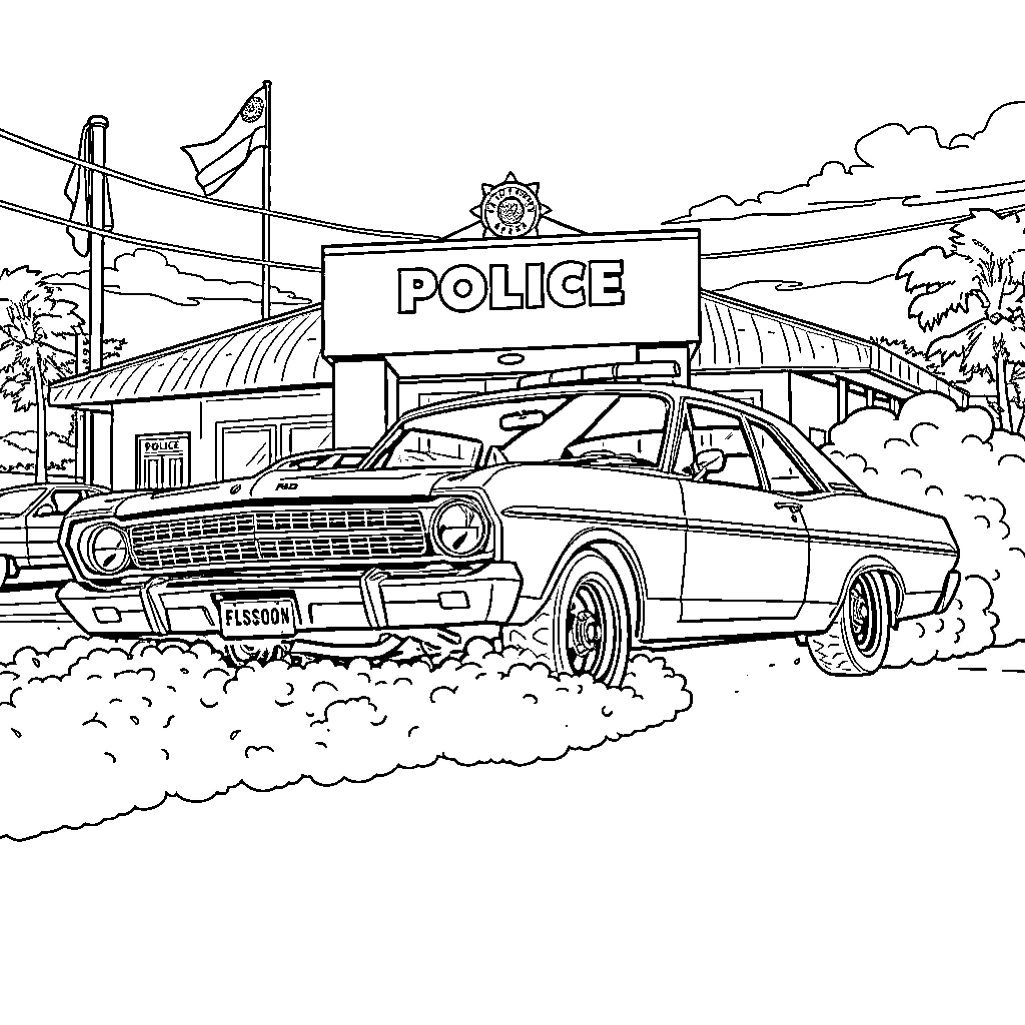 Ford Police Car Patrolling City Streets Coloring Page (free black-and-white line drawing printable PDF for all, from beginners to advanced learners, including children, teens, adults, and seniors)
