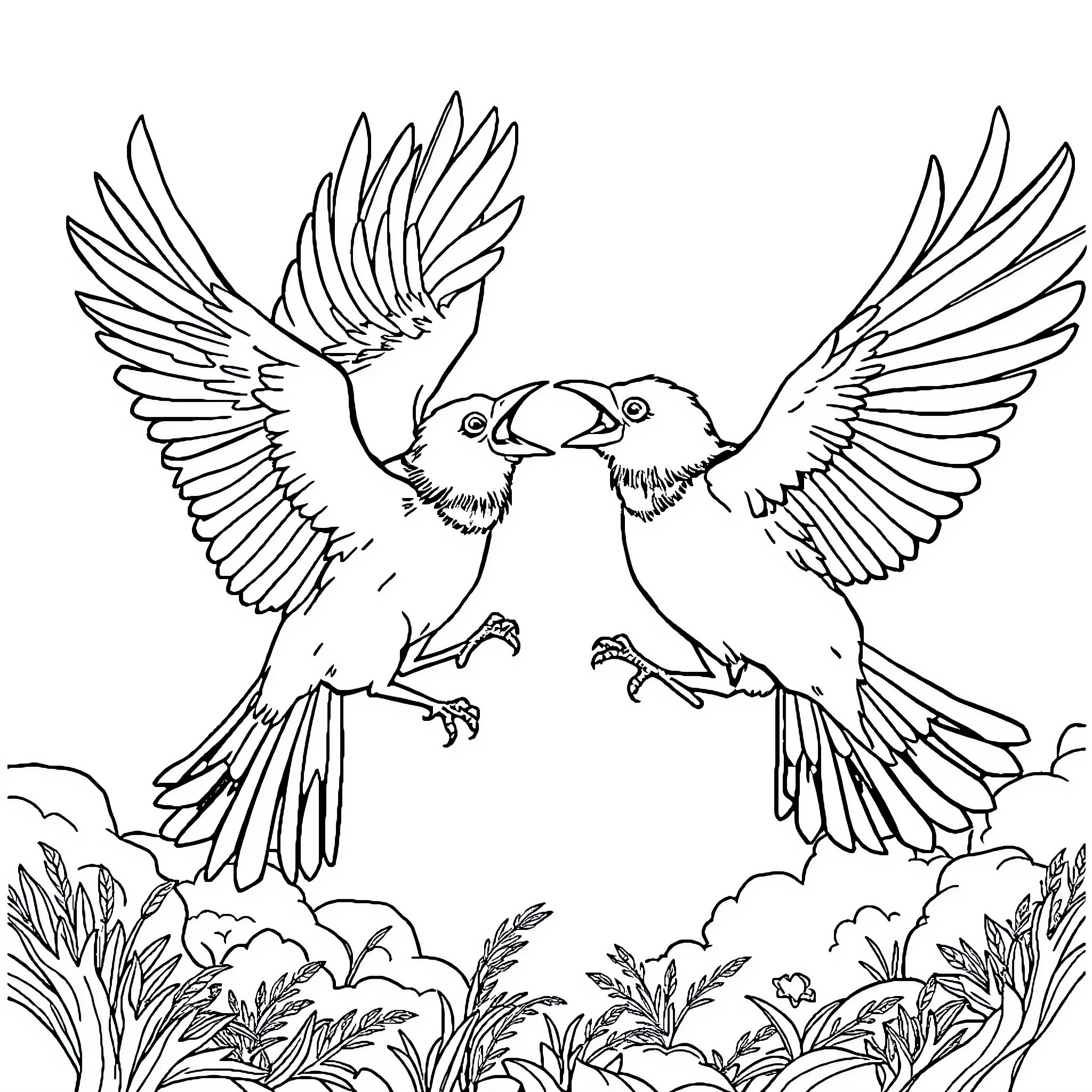 Birds flying together in the meadow Coloring Page (free black-and-white line drawing printable PDF for all, from beginners to advanced learners, including children, teens, adults, and seniors)