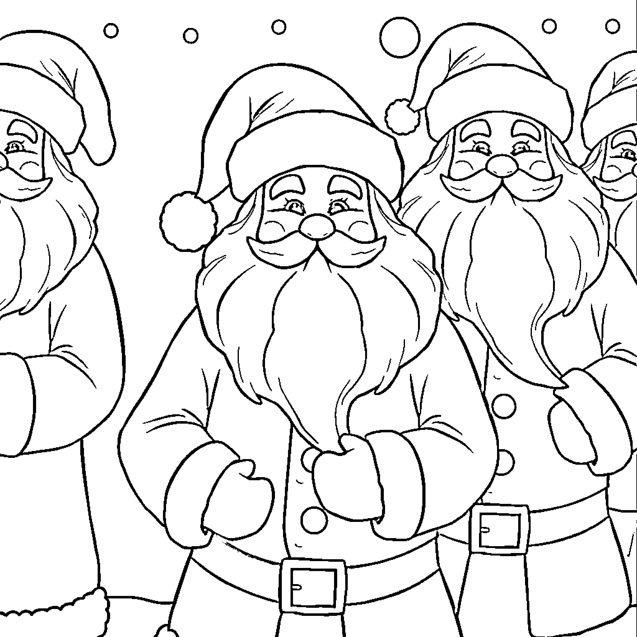 Santa Claus and his jolly companions Coloring Page (free black-and-white line drawing printable PDF for all, from beginners to advanced learners, including children, teens, adults, and seniors)