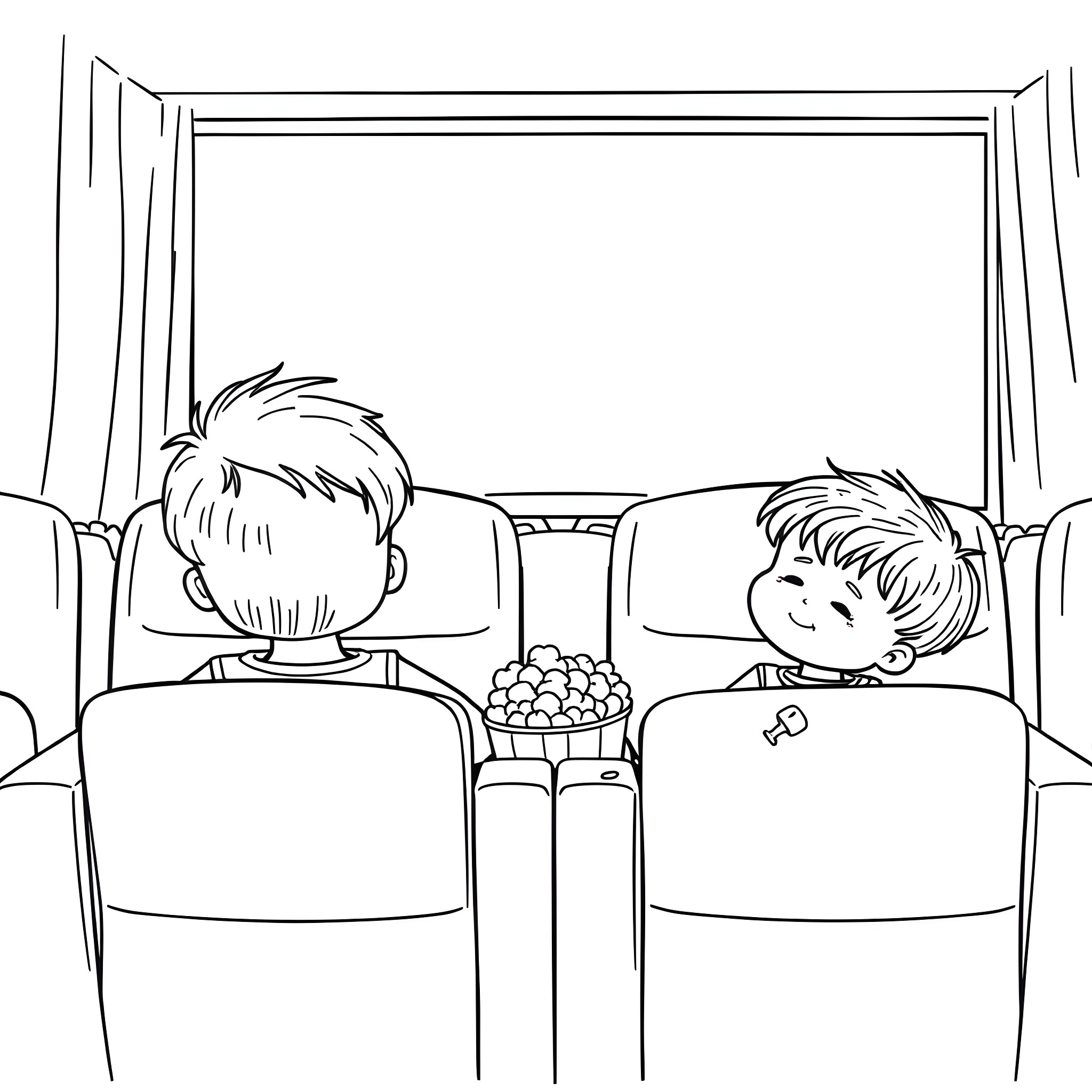 Kids enjoying a movie in the theater Coloring Page (free black-and-white line drawing printable PDF for all, from beginners to advanced learners, including children, teens, adults, and seniors)