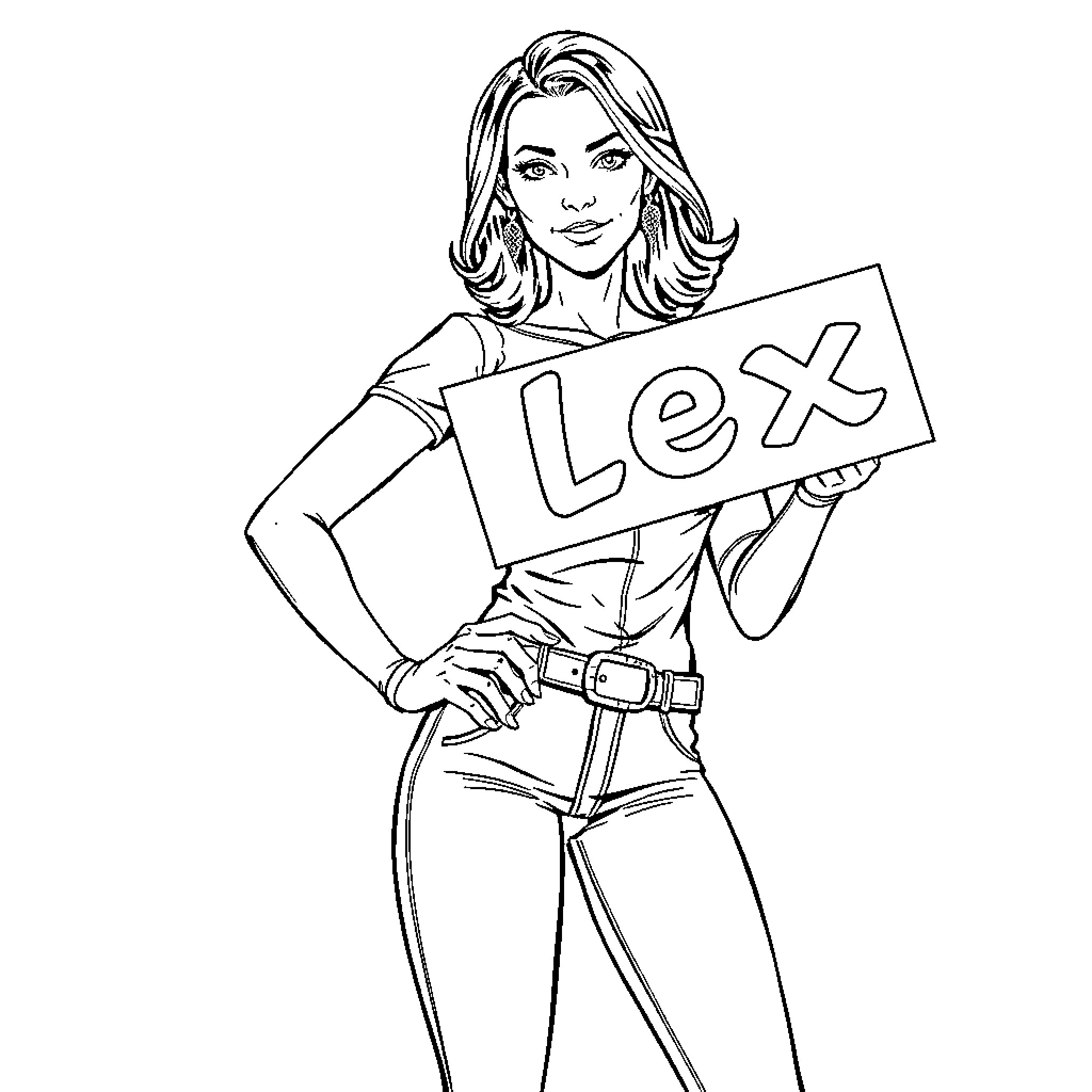 Alex Danvers holding a Lex sign in action pose Coloring Page (free black-and-white line drawing printable PDF for all, from beginners to advanced learners, including children, teens, adults, and seniors)