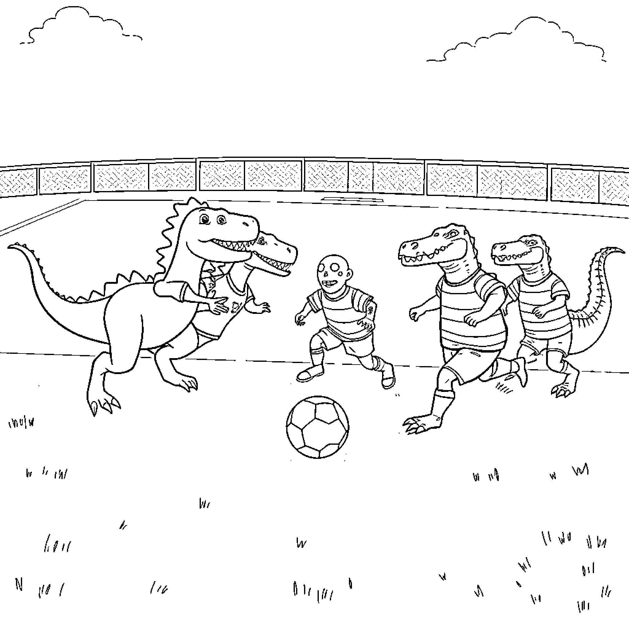 Soccer game with dinosaurs and players Coloring Page (free black-and-white line drawing printable PDF for all, from beginners to advanced learners, including children, teens, adults, and seniors)