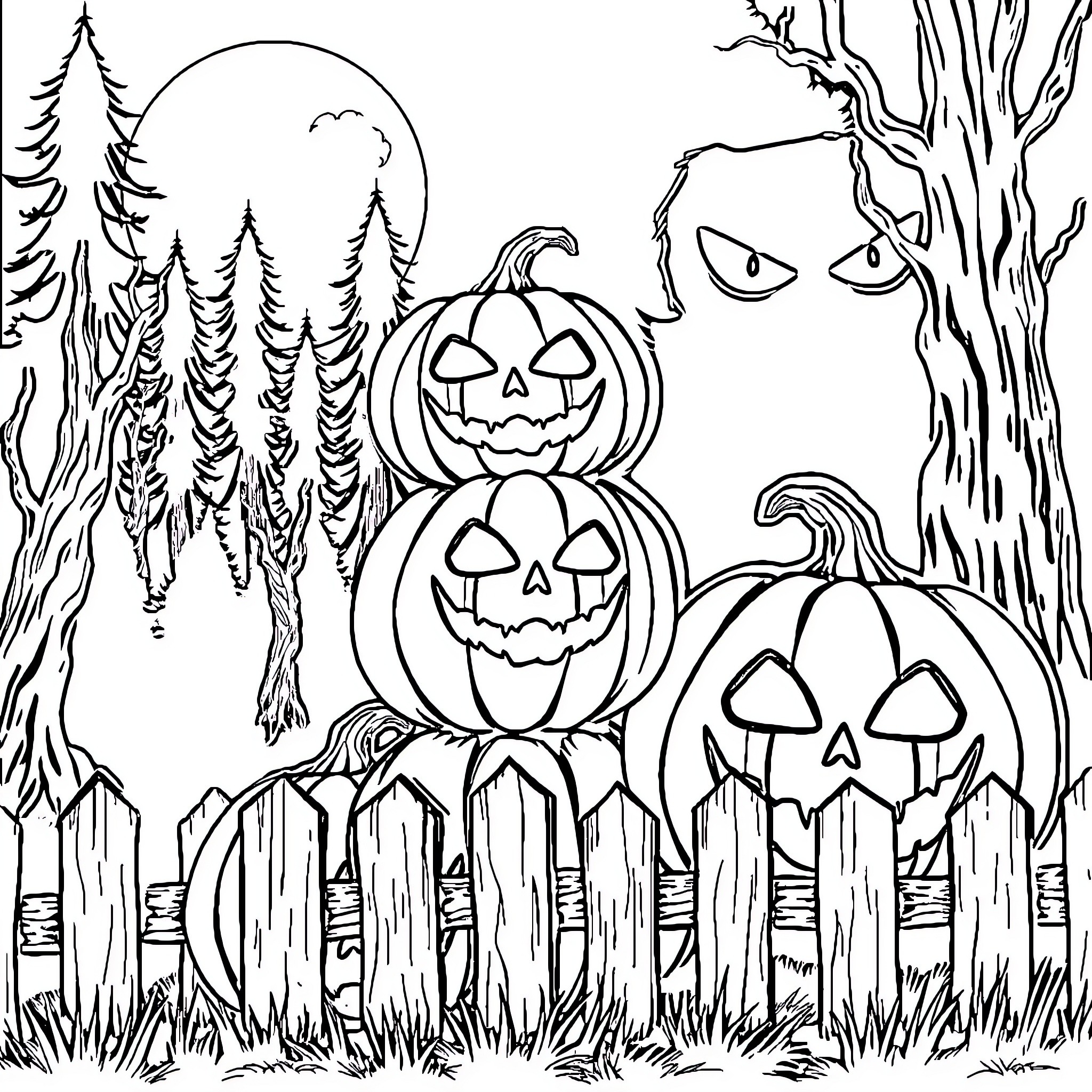 Jack-o'-lanterns in a spooky forest landscape Coloring Page (free black-and-white line drawing printable PDF for all, from beginners to advanced learners, including children, teens, adults, and seniors)