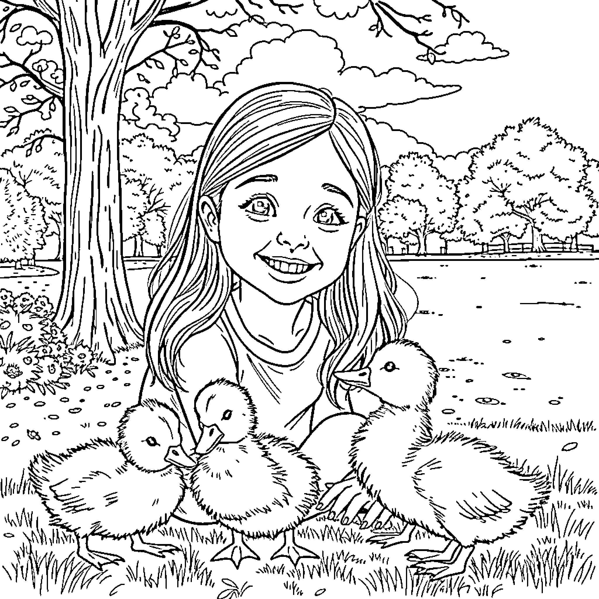 Duck Pond Delight: A Girl Enjoying Nature with Ducklings Coloring Page (free black-and-white line drawing printable PDF for all, from beginners to advanced learners, including children, teens, adults, and seniors)