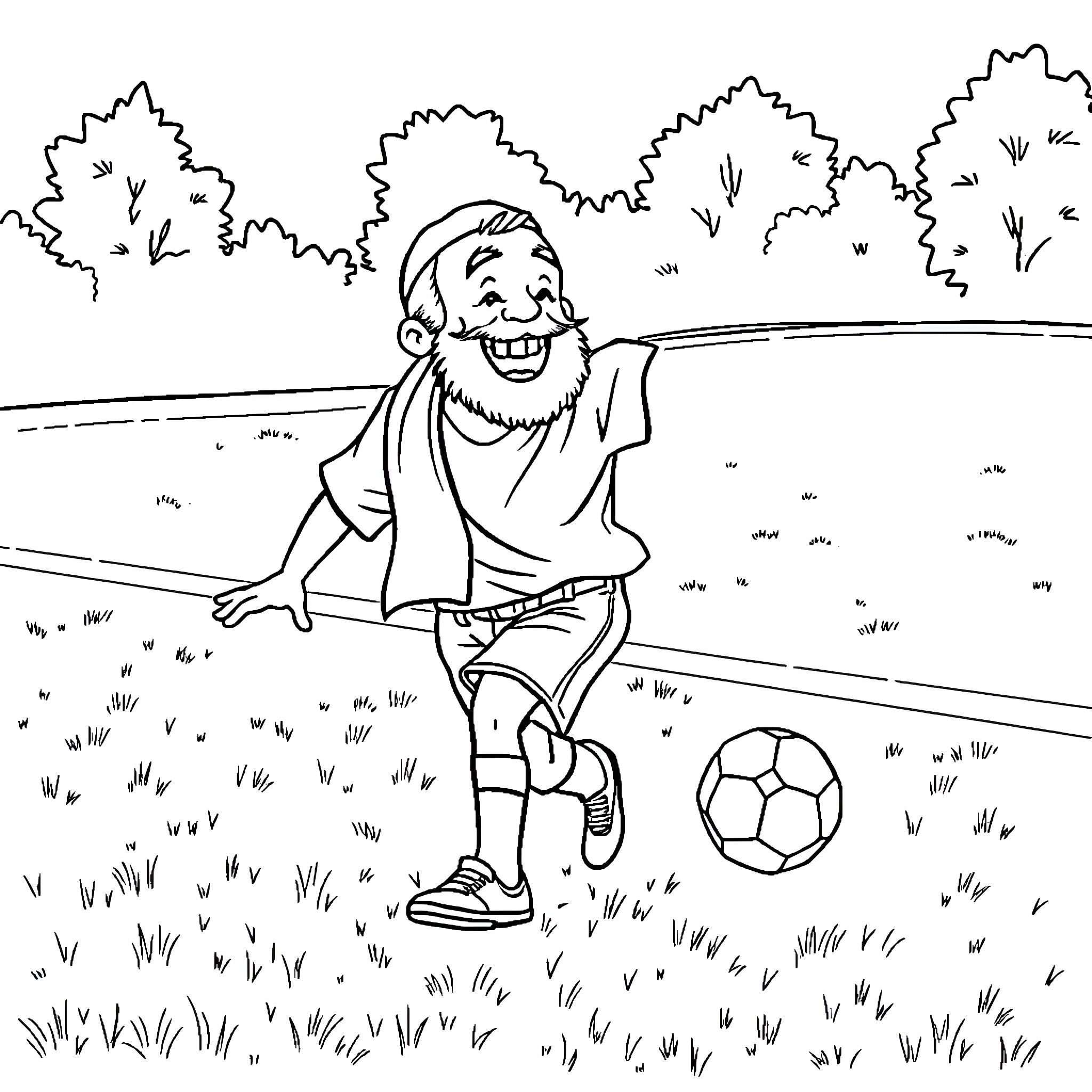 Rabbi playing joyfully with soccer ball in park Coloring Page (free black-and-white line drawing printable PDF for all, from beginners to advanced learners, including children, teens, adults, and seniors)