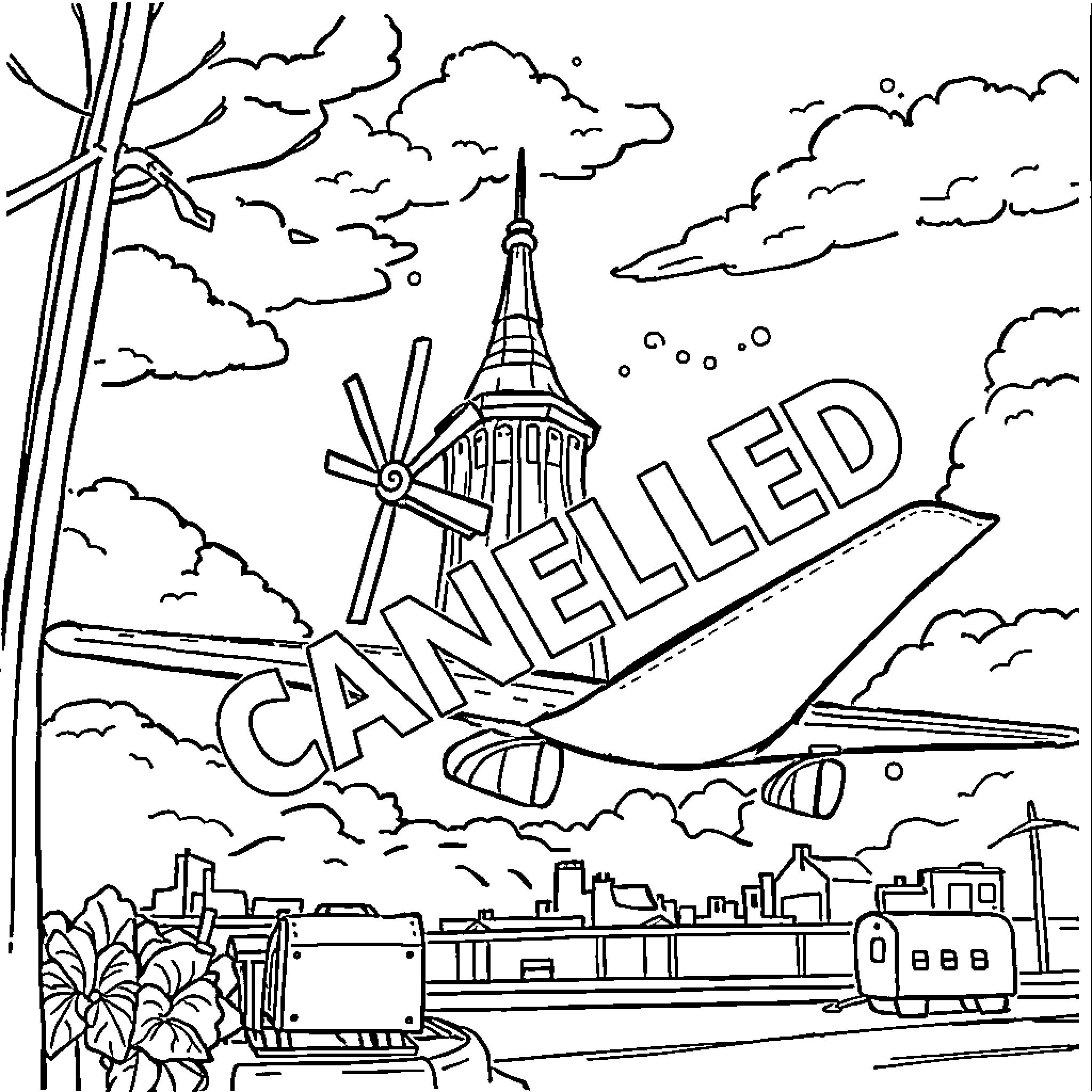 Plane flying over a city with the Eiffel Tower Coloring Page (free black-and-white line drawing printable PDF for all, from beginners to advanced learners, including children, teens, adults, and seniors)