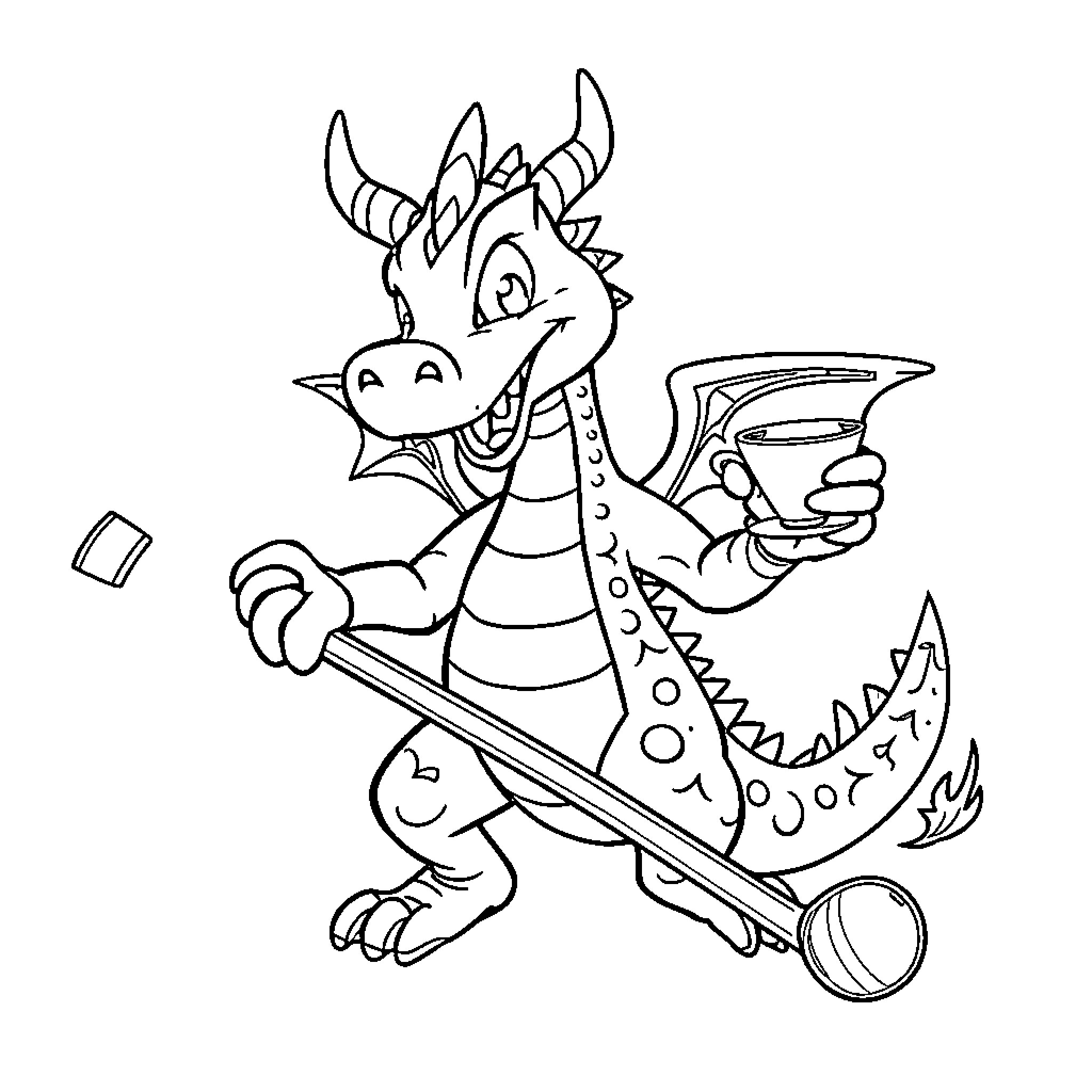 Dragon character with playing equipment in action Coloring Page (free black-and-white line drawing printable PDF for all, from beginners to advanced learners, including children, teens, adults, and seniors)