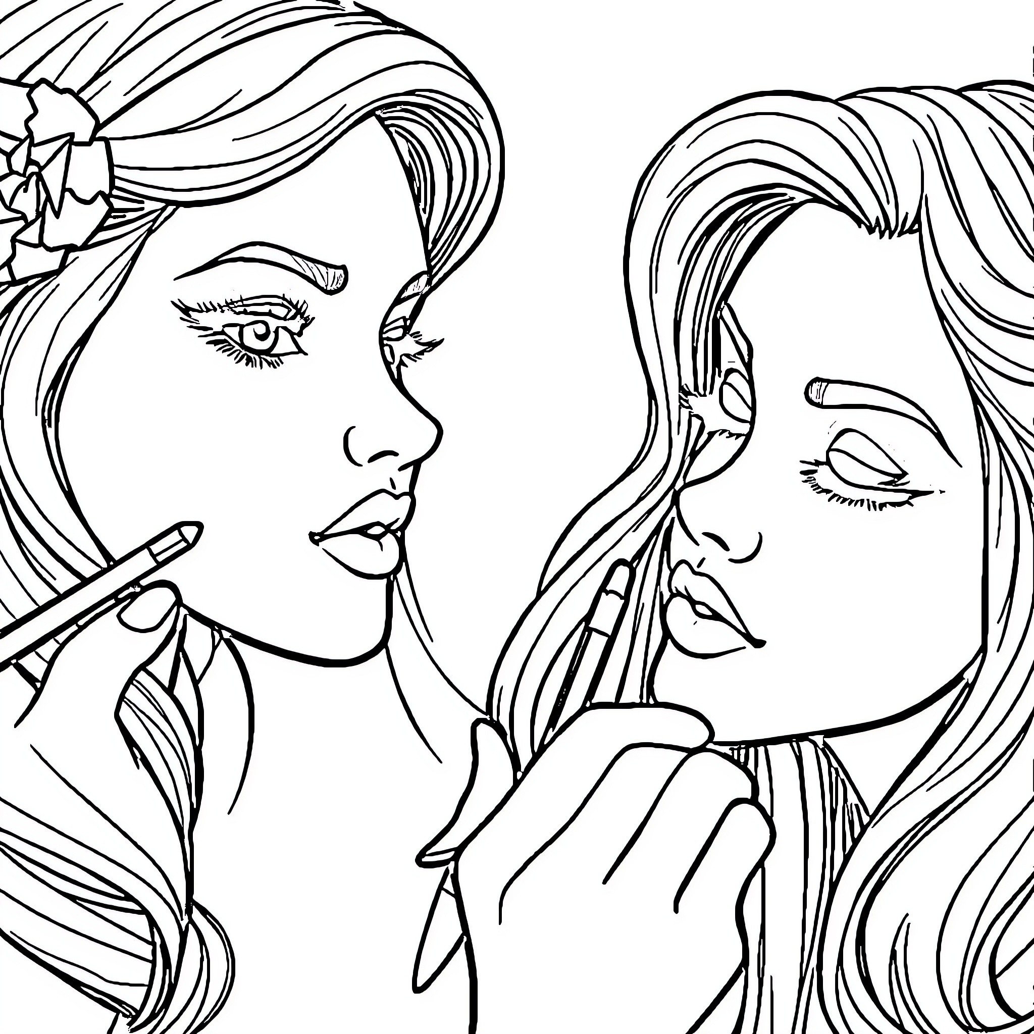 Girl's intimate moment with friend Coloring Page (free black-and-white line drawing printable PDF for all, from beginners to advanced learners, including children, teens, adults, and seniors)
