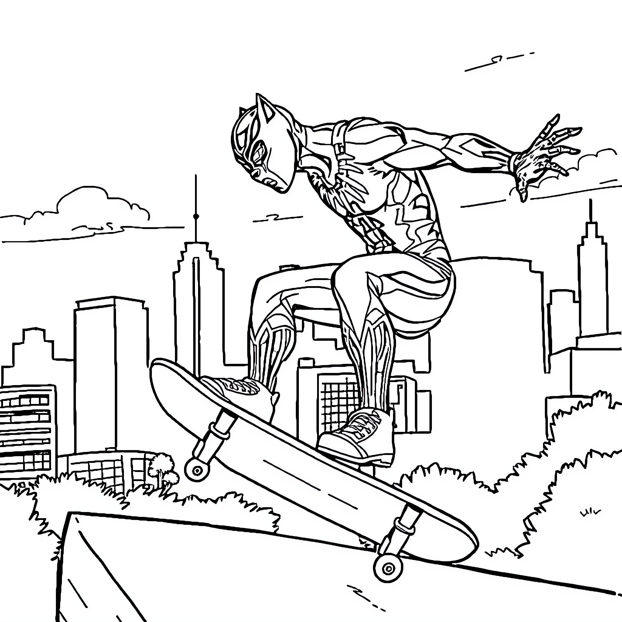 Panther Superhero Skates through the City Coloring Page (free black-and-white line drawing printable PDF for all, from beginners to advanced learners, including children, teens, adults, and seniors)