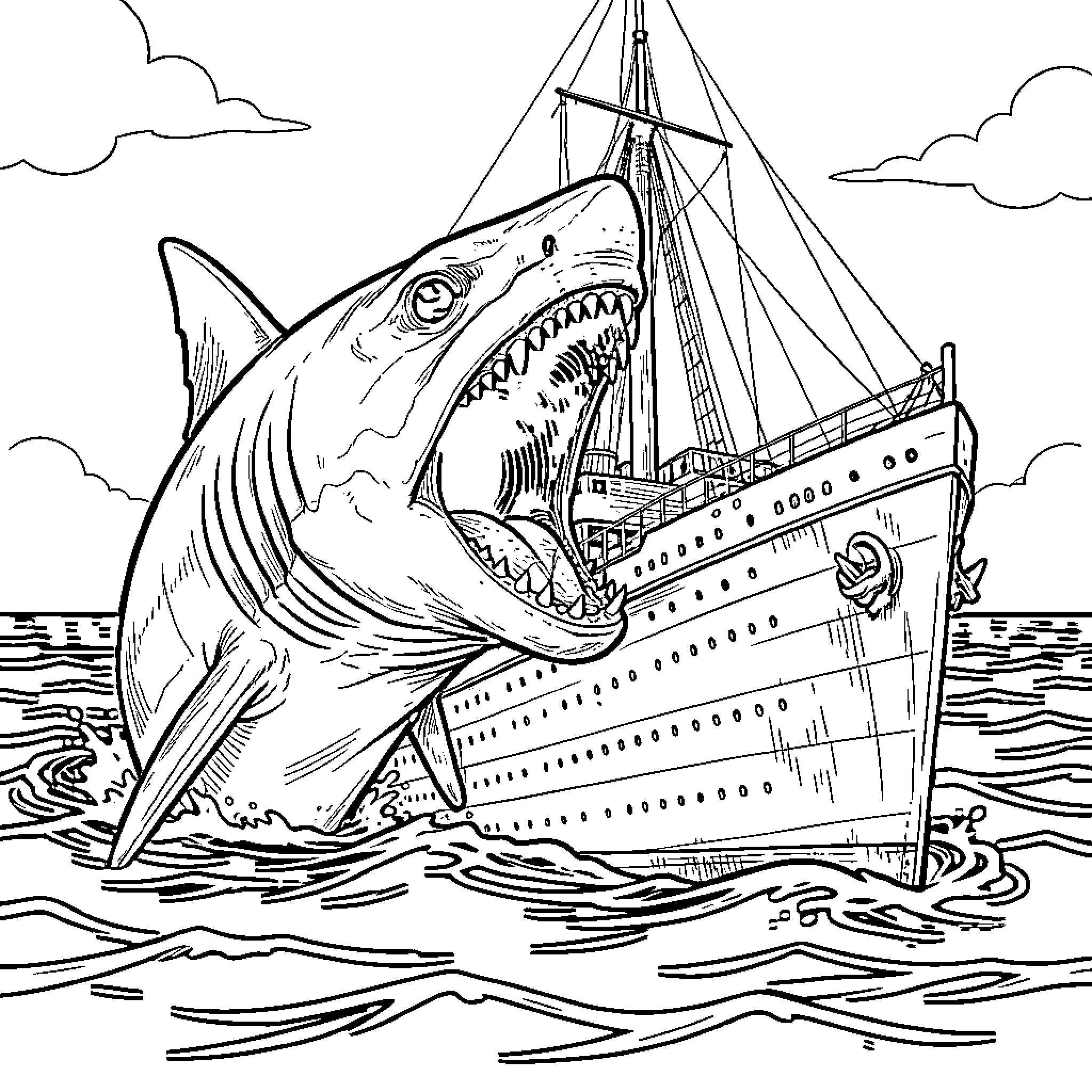 Megalodon attacking a sailing ship Coloring Page (free black-and-white line drawing printable PDF for all, from beginners to advanced learners, including children, teens, adults, and seniors)