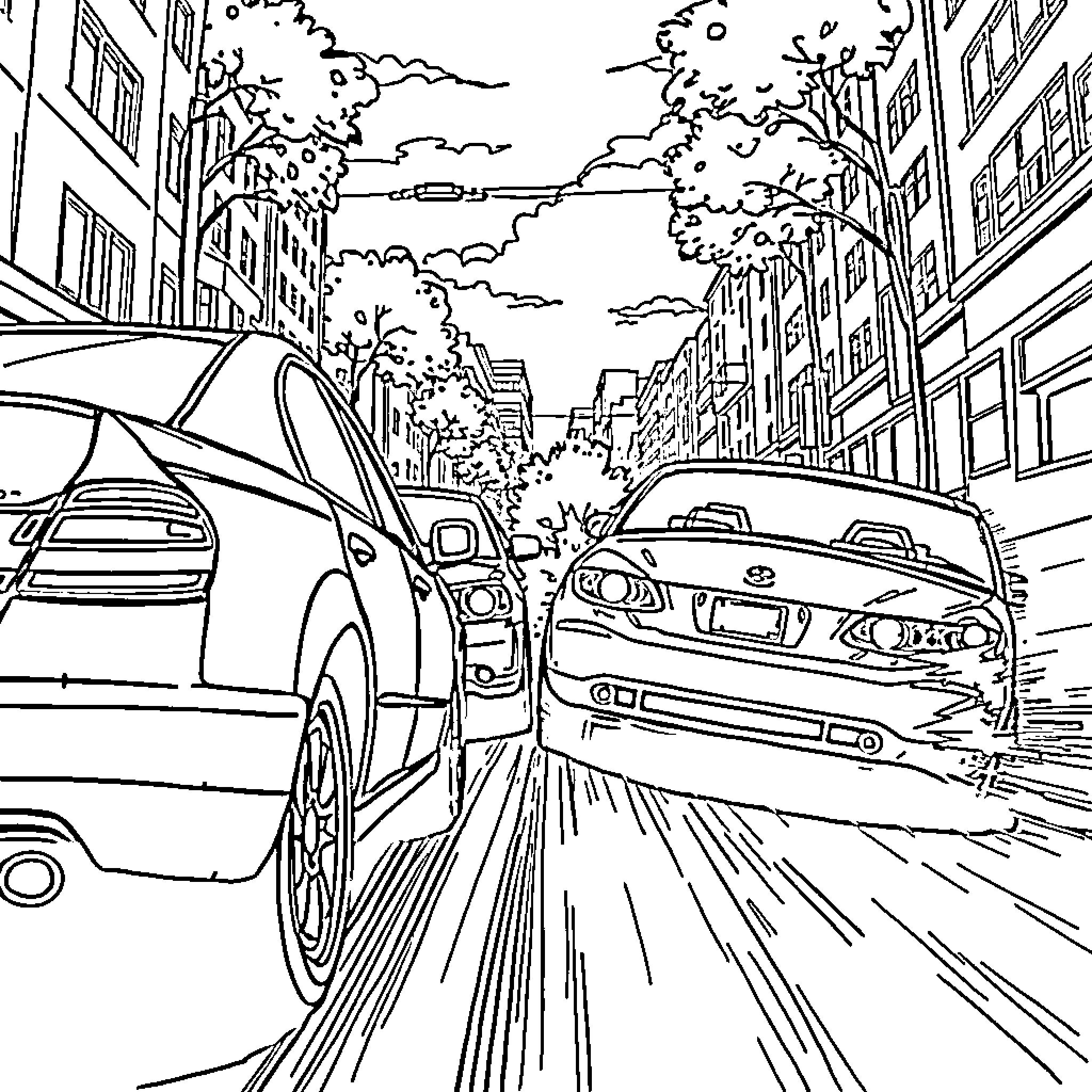 Cars speeding through a busy urban street Coloring Page (free black-and-white line drawing printable PDF for all, from beginners to advanced learners, including children, teens, adults, and seniors)