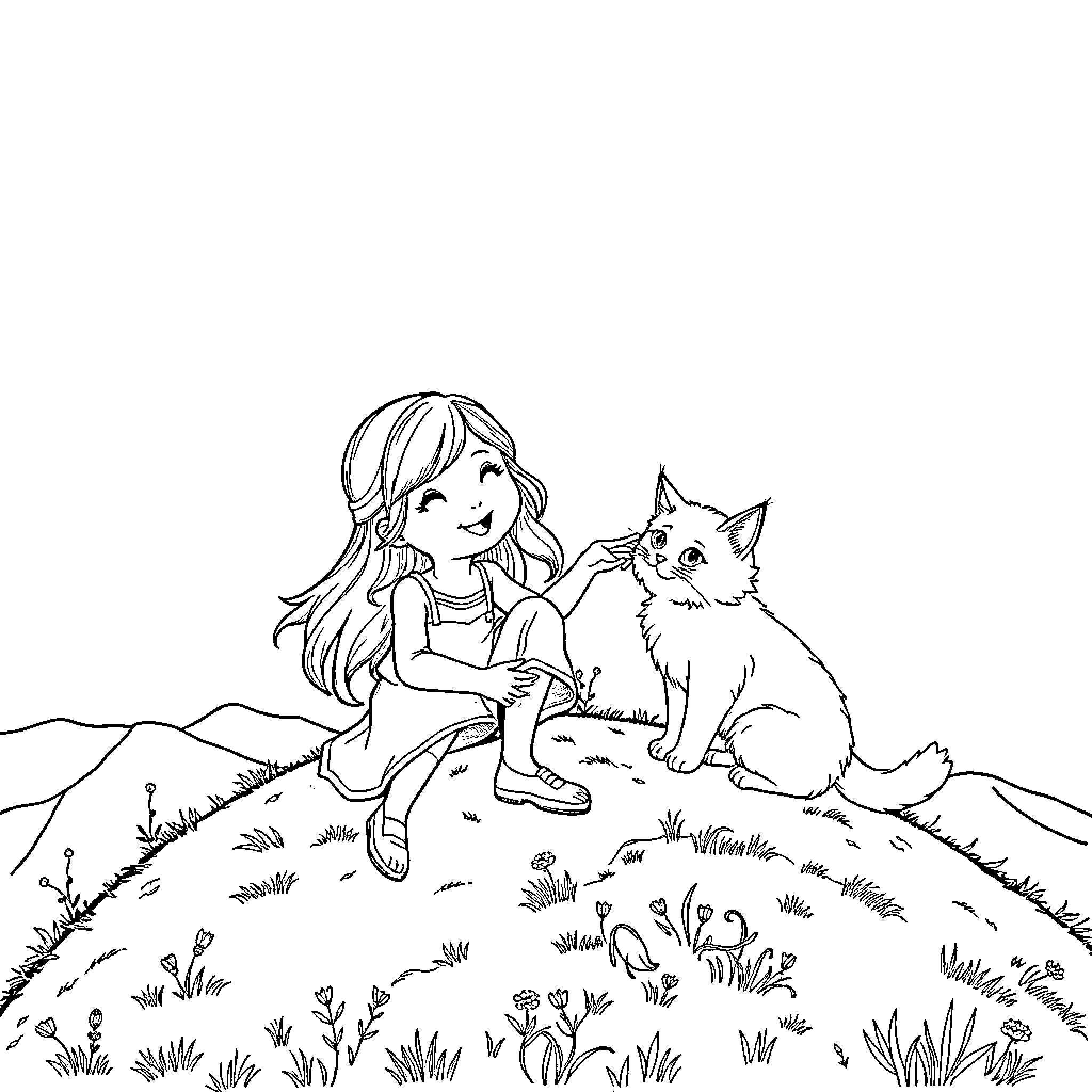 Girl playing with her pet cat in nature Coloring Page (free black-and-white line drawing printable PDF for all, from beginners to advanced learners, including children, teens, adults, and seniors)