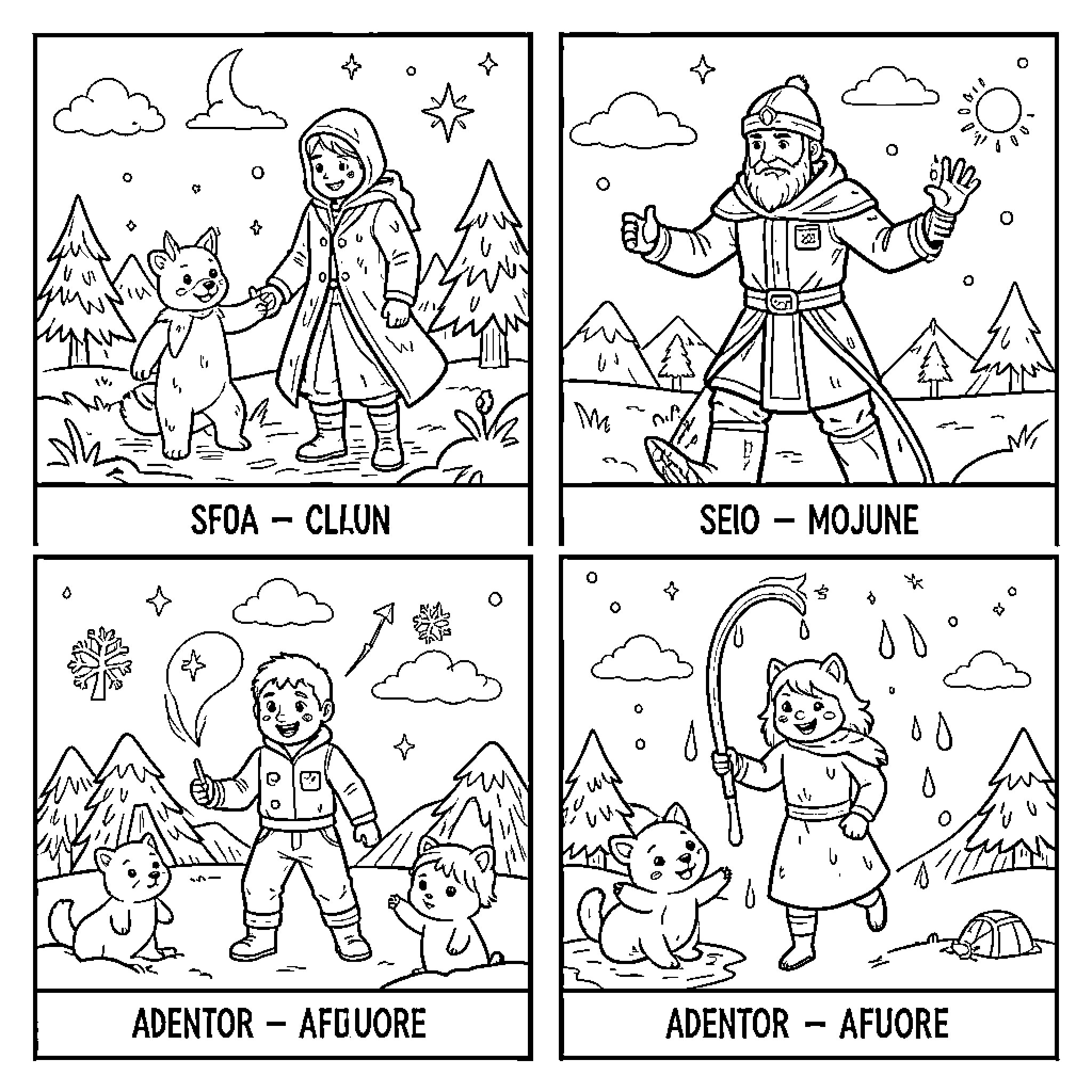 Duality of Winter Scenes and Characters Coloring Page (free black-and-white line drawing printable PDF for all, from beginners to advanced learners, including children, teens, adults, and seniors)