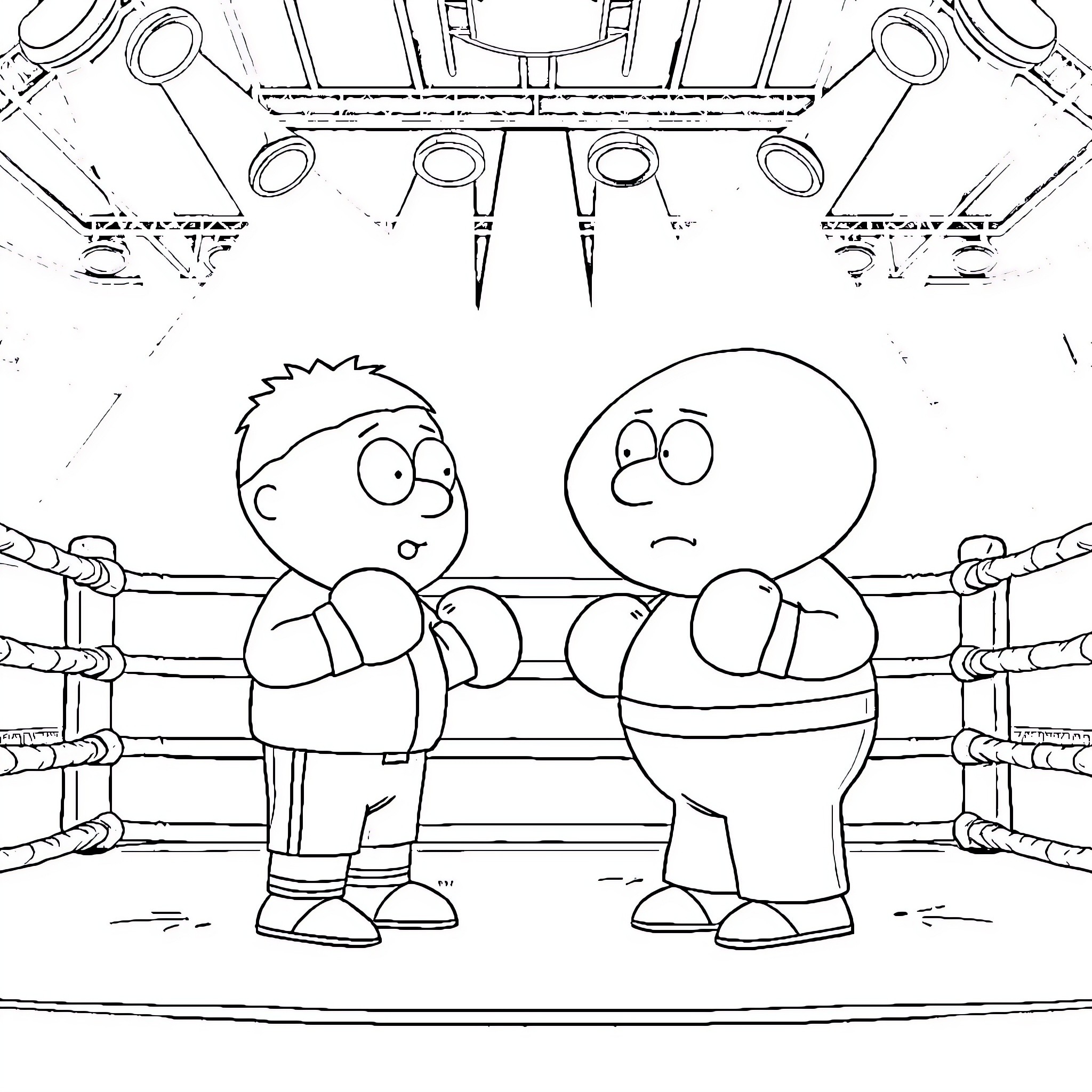 Eric Cartman and friend in wrestling ring Coloring Page (free black-and-white line drawing printable PDF for all, from beginners to advanced learners, including children, teens, adults, and seniors)