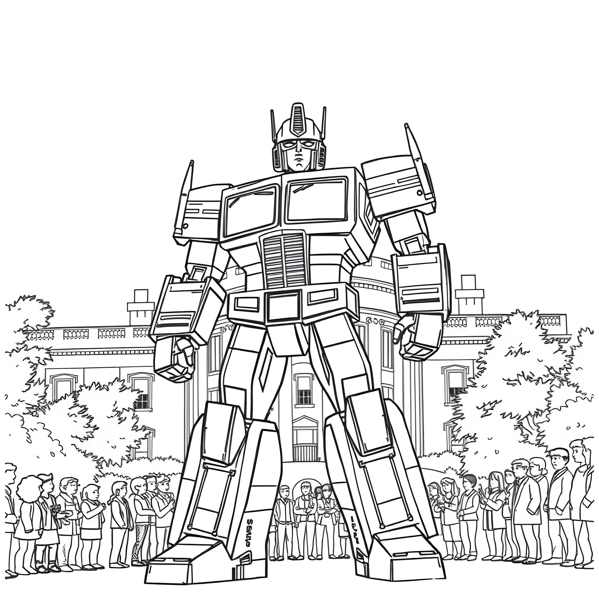 Optimus Prime Towering Over Awestruck Crowd Coloring Page (free black-and-white line drawing printable PDF for all, from beginners to advanced learners, including children, teens, adults, and seniors)