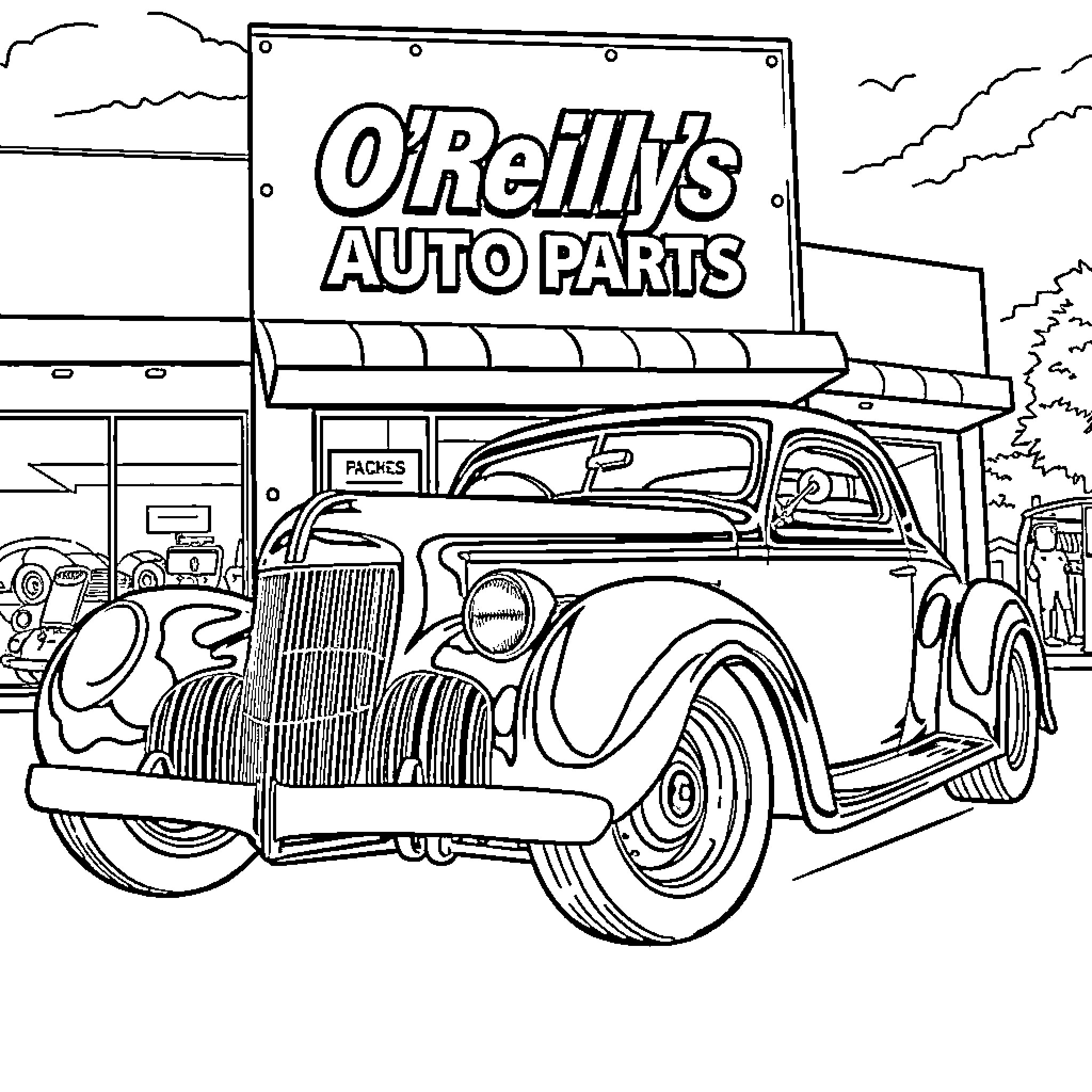 Hot Rod Classic Car Shop Exterior Coloring Page (free black-and-white line drawing printable PDF for all, from beginners to advanced learners, including children, teens, adults, and seniors)
