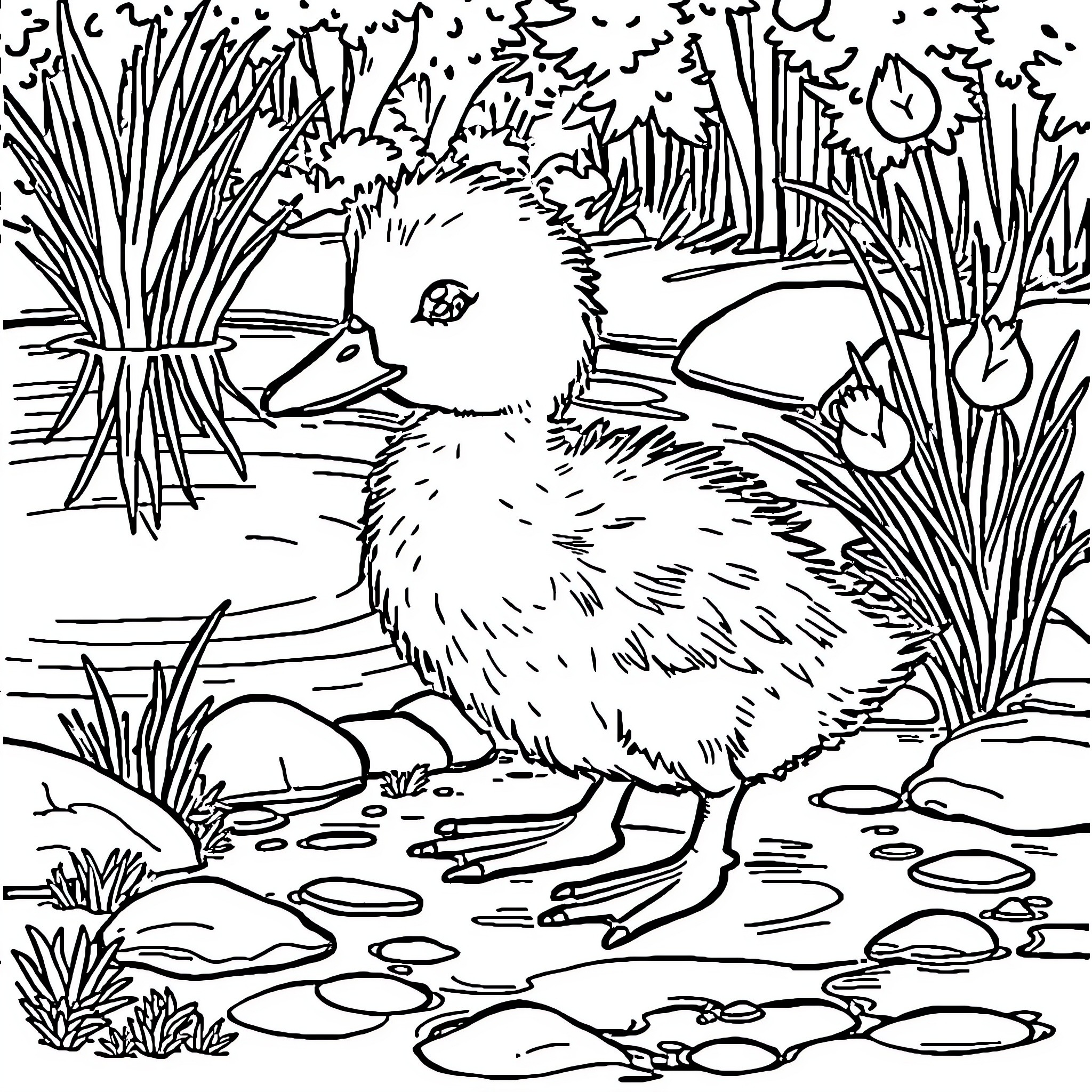 Duck wandering in the nature Coloring Page (free black-and-white line drawing printable PDF for all, from beginners to advanced learners, including children, teens, adults, and seniors)