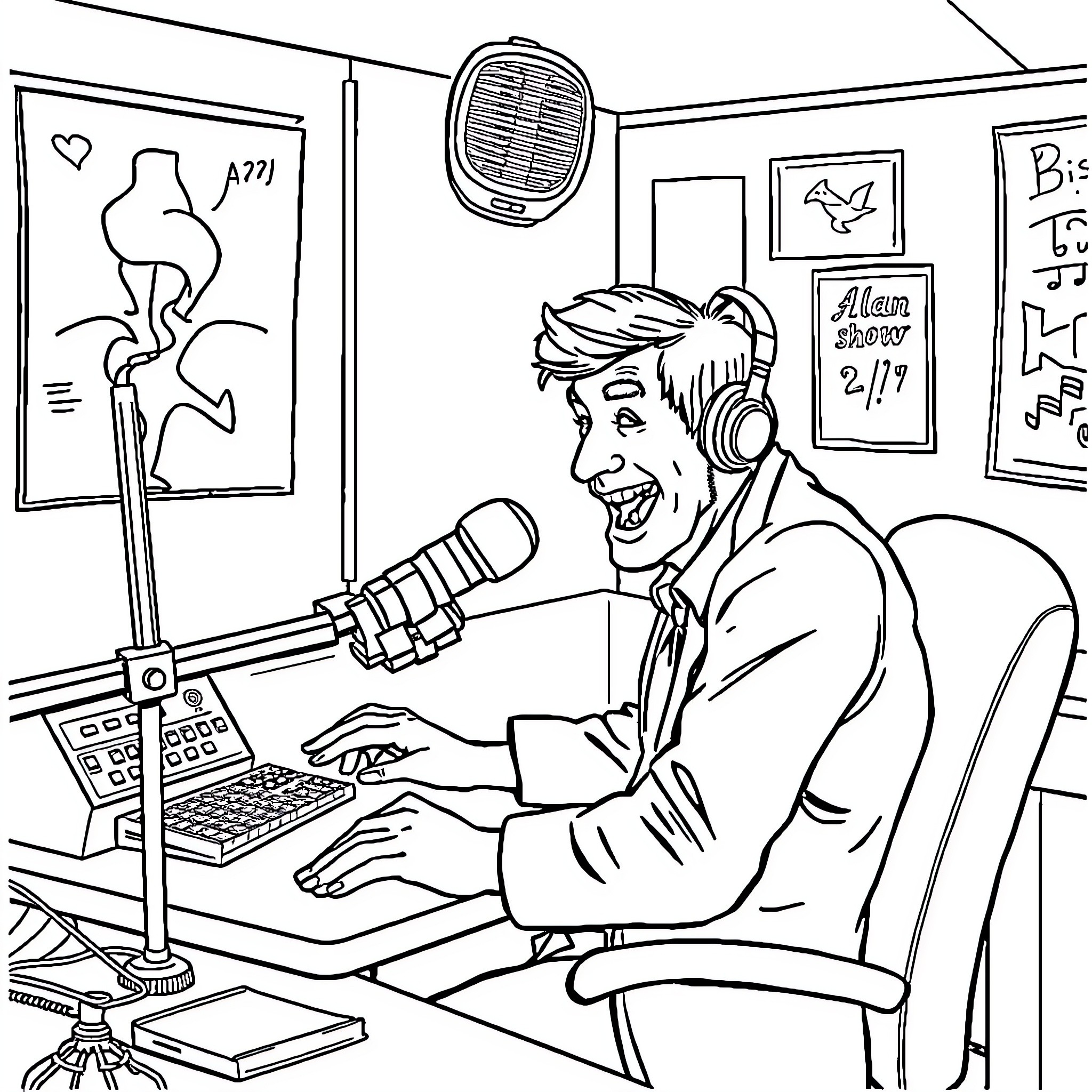Alan Partridge working enthusiastically at a computer Coloring Page (free black-and-white line drawing printable PDF for all, from beginners to advanced learners, including children, teens, adults, and seniors)