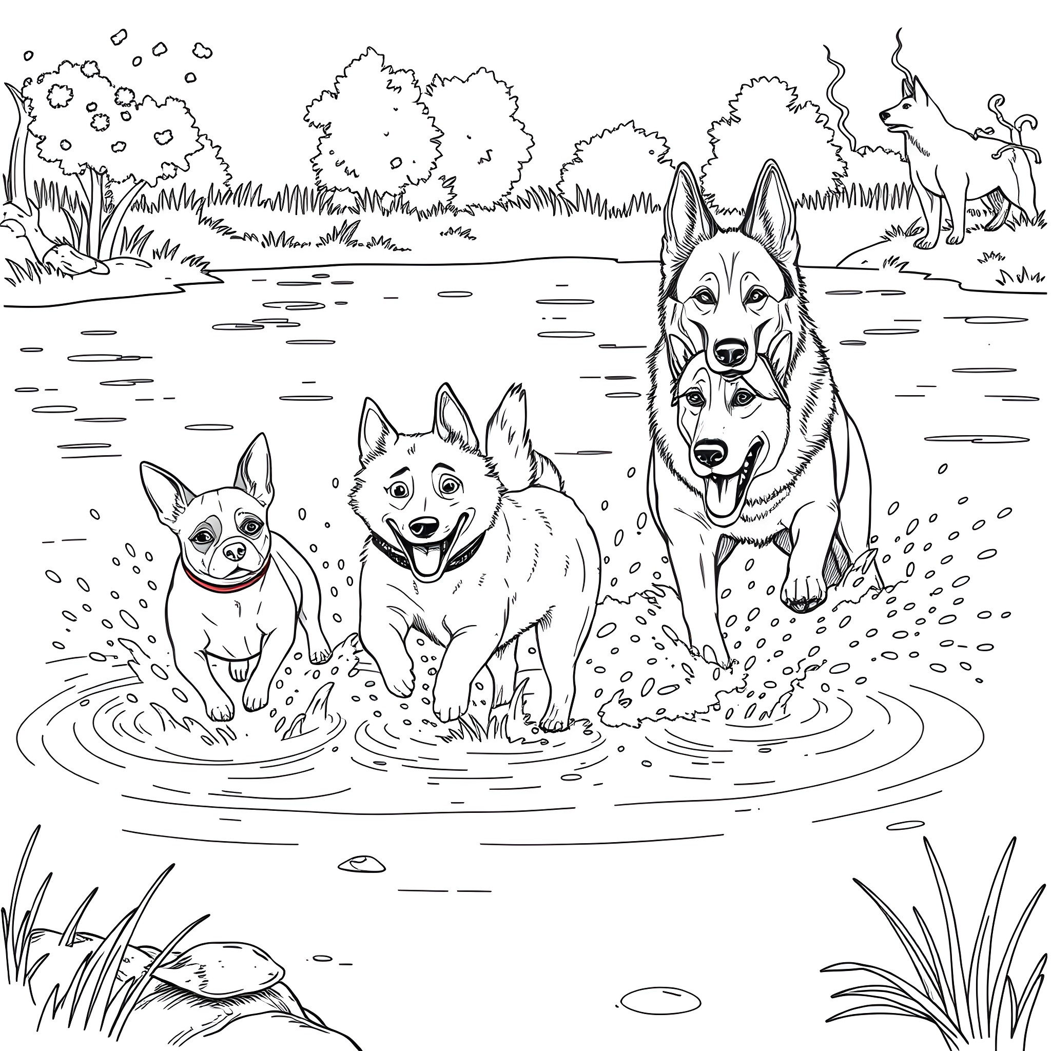 Dogs playing joyfully in the water Coloring Page (free black-and-white line drawing printable PDF for all, from beginners to advanced learners, including children, teens, adults, and seniors)