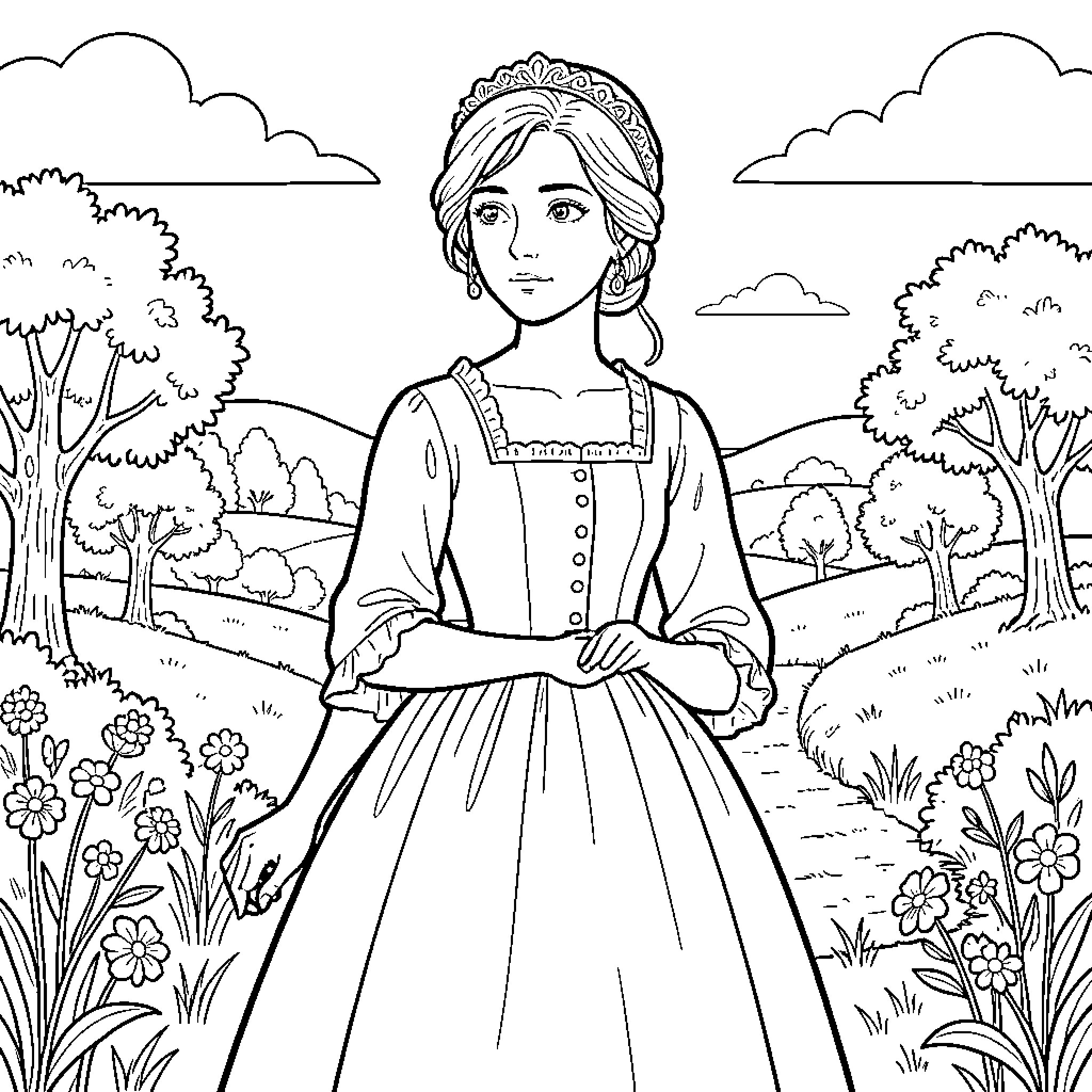 Elizabeth Bennet in an idyllic countryside landscape Coloring Page (free black-and-white line drawing printable PDF for all, from beginners to advanced learners, including children, teens, adults, and seniors)