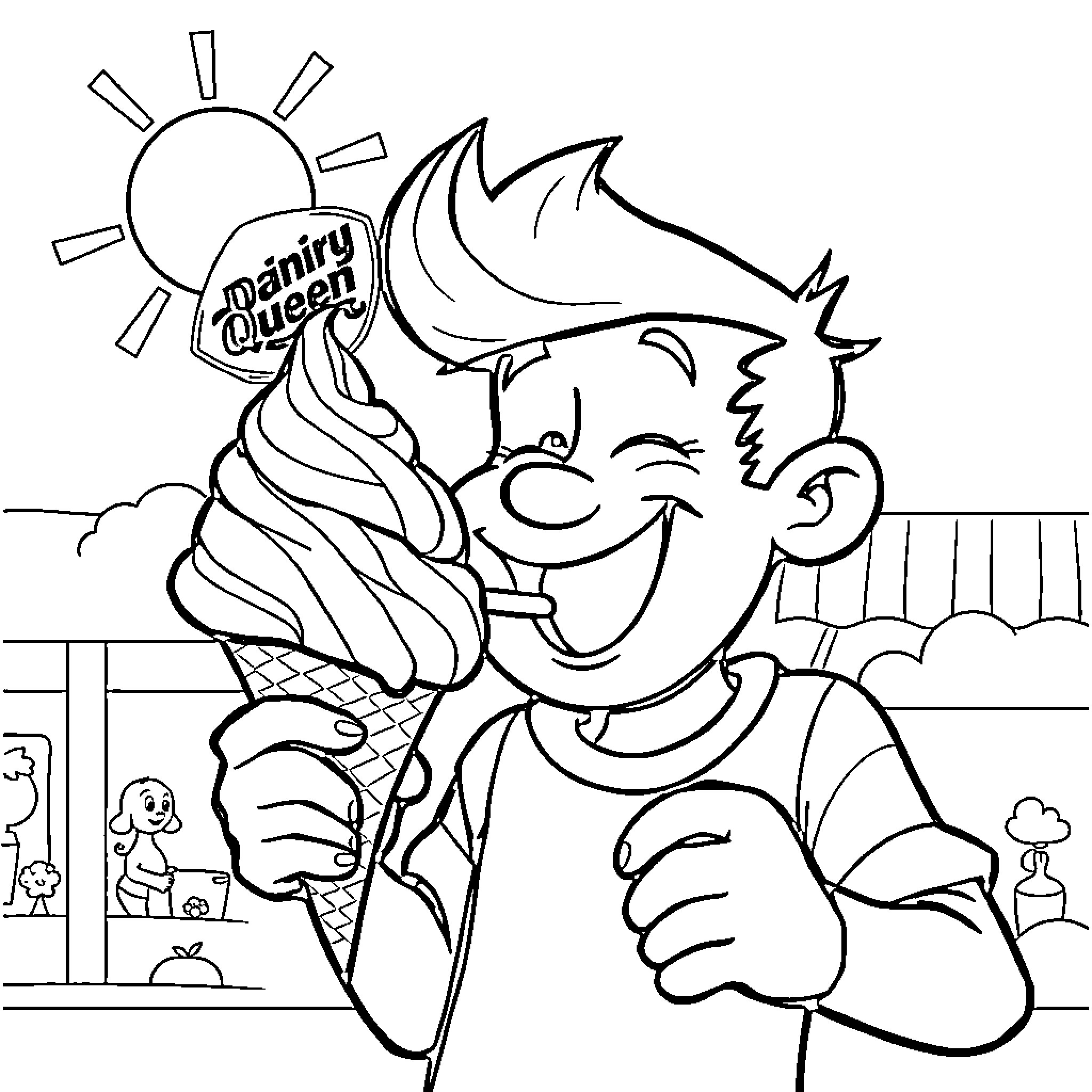 Dennis the Menace enjoys a dairy queen ice cream Coloring Page (free black-and-white line drawing printable PDF for all, from beginners to advanced learners, including children, teens, adults, and seniors)