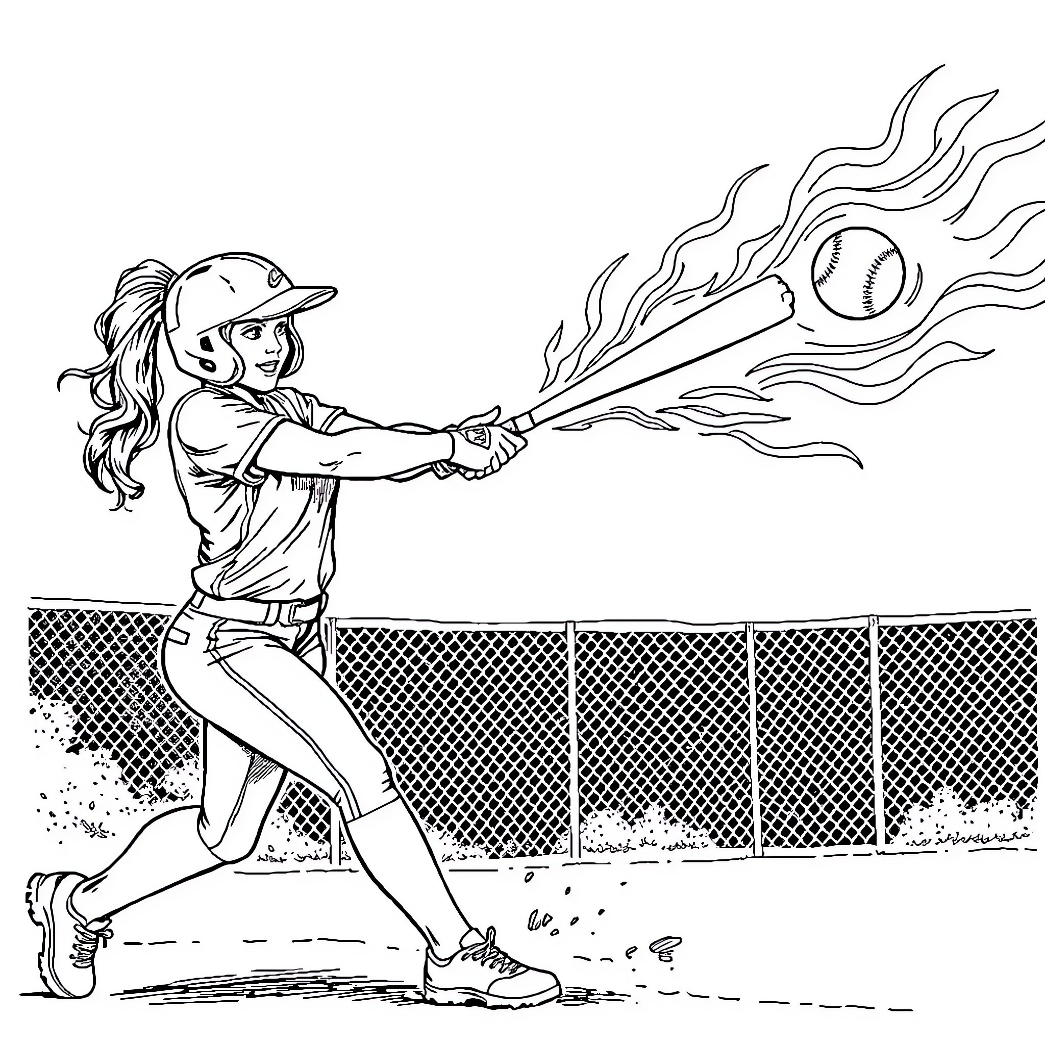 Softball Player Batting with Intense Focus Coloring Page (free black-and-white line drawing printable PDF for all, from beginners to advanced learners, including children, teens, adults, and seniors)
