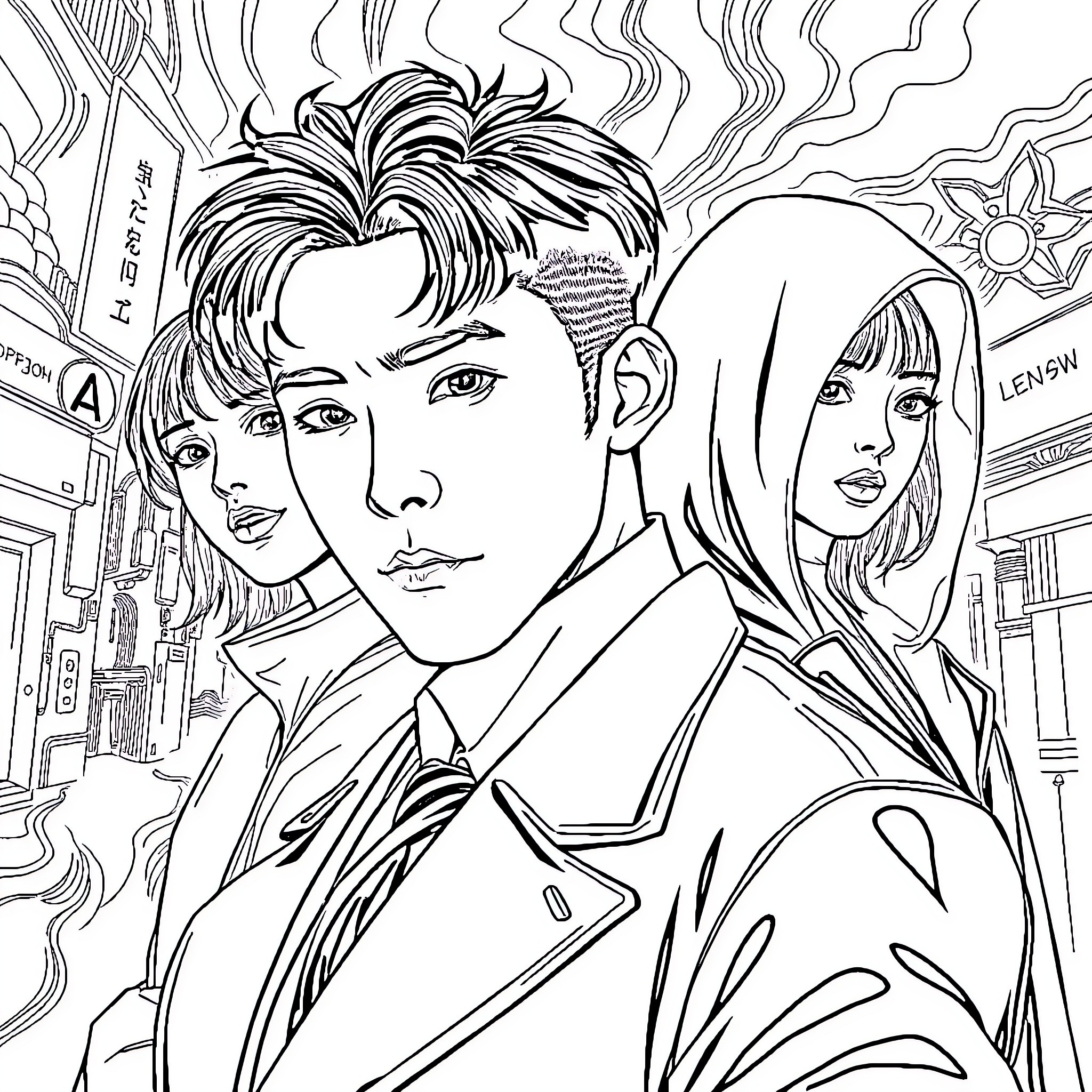 Misteri Enigmatic Encounter Coloring Page (free black-and-white line drawing printable PDF for all, from beginners to advanced learners, including children, teens, adults, and seniors)