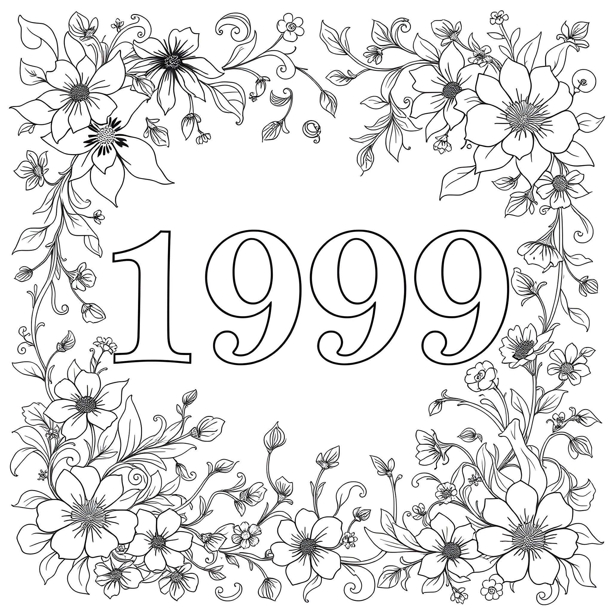 1999 Floral Celebration with Intricate Blooms Coloring Page (free black-and-white line drawing printable PDF for all, from beginners to advanced learners, including children, teens, adults, and seniors)