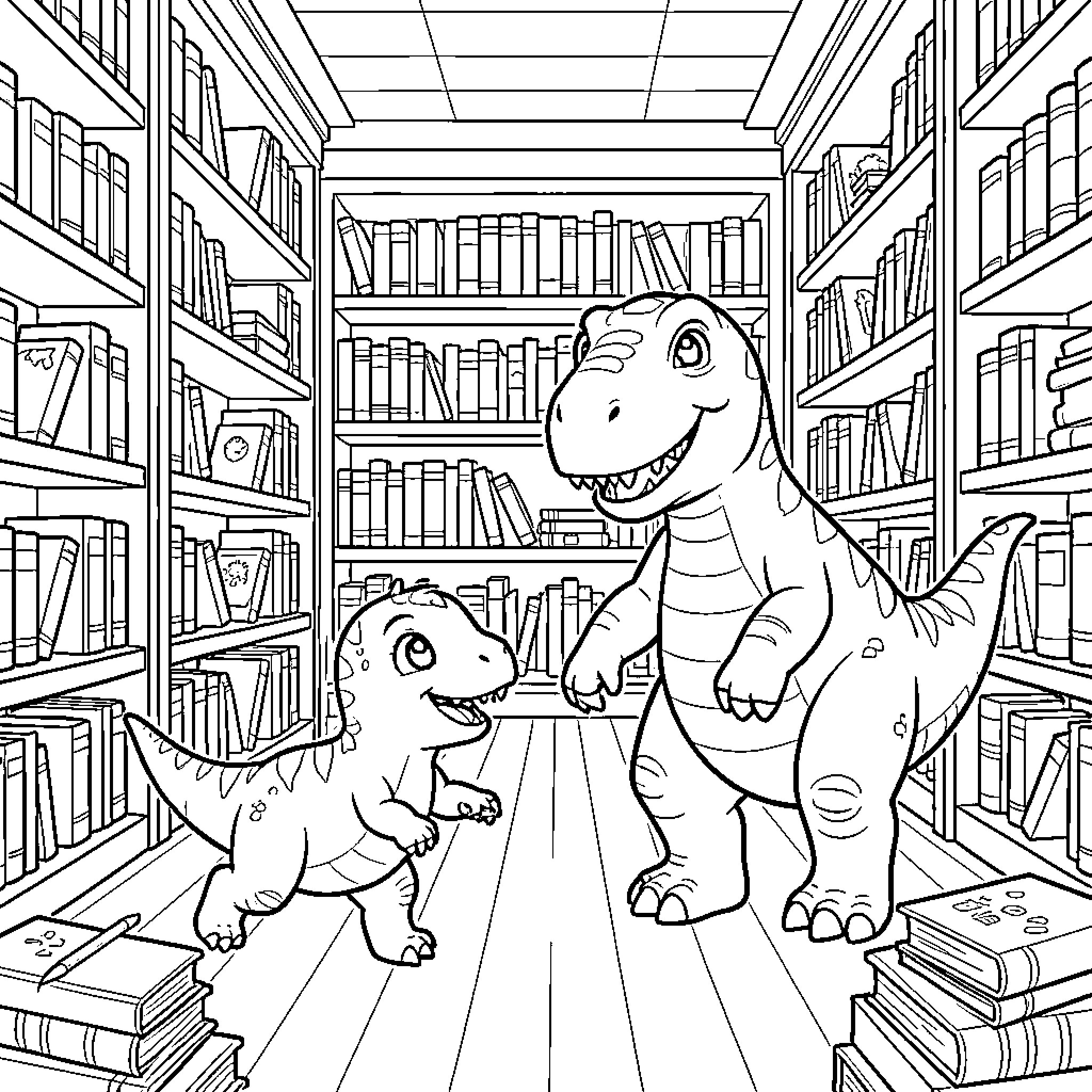 Dino Dinosaurs Exploring the Library Coloring Page (free black-and-white line drawing printable PDF for all, from beginners to advanced learners, including children, teens, adults, and seniors)