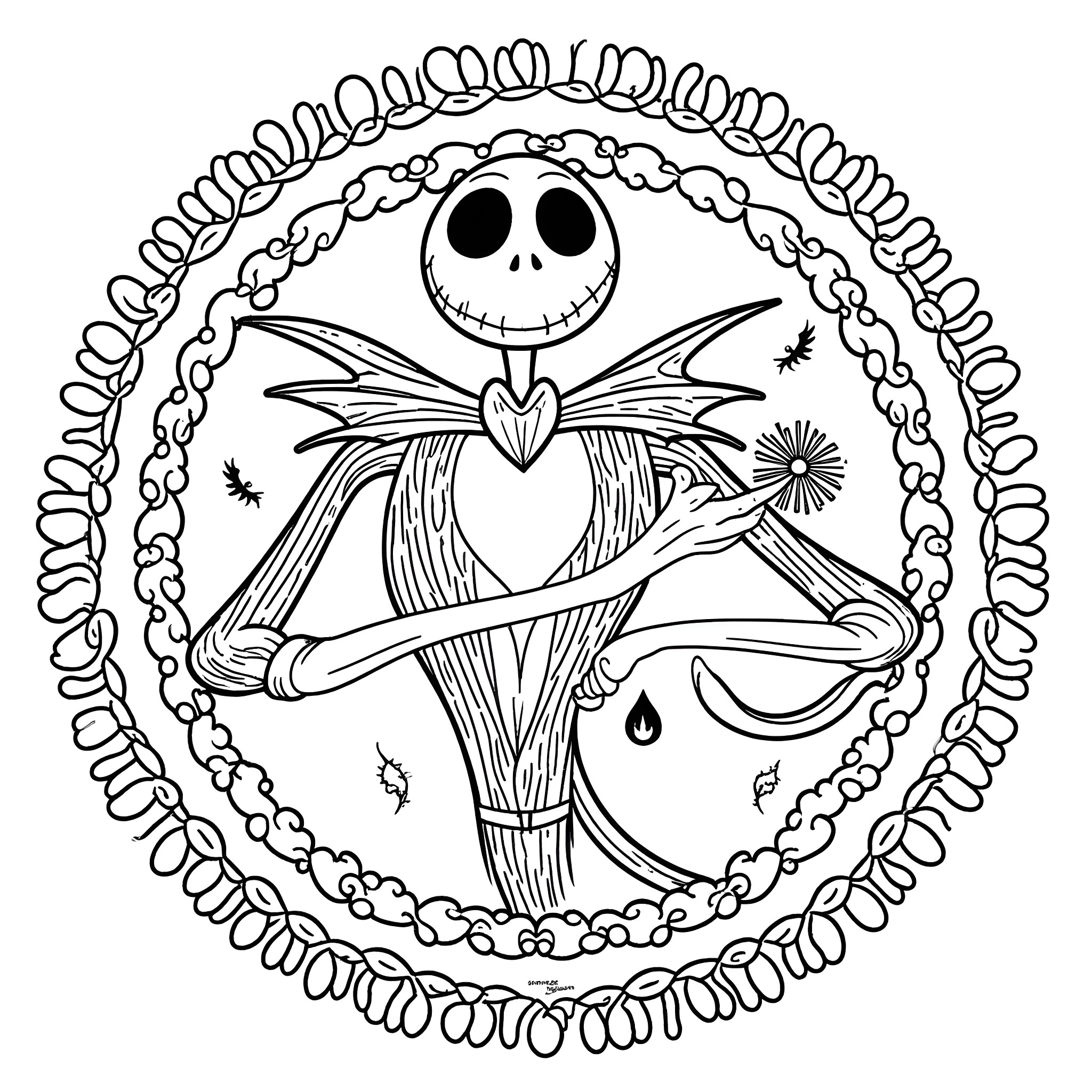 Mandala featuring a whimsical character in an ornate floral frame Coloring Page (free black-and-white line drawing printable PDF for all, from beginners to advanced learners, including children, teens, adults, and seniors)