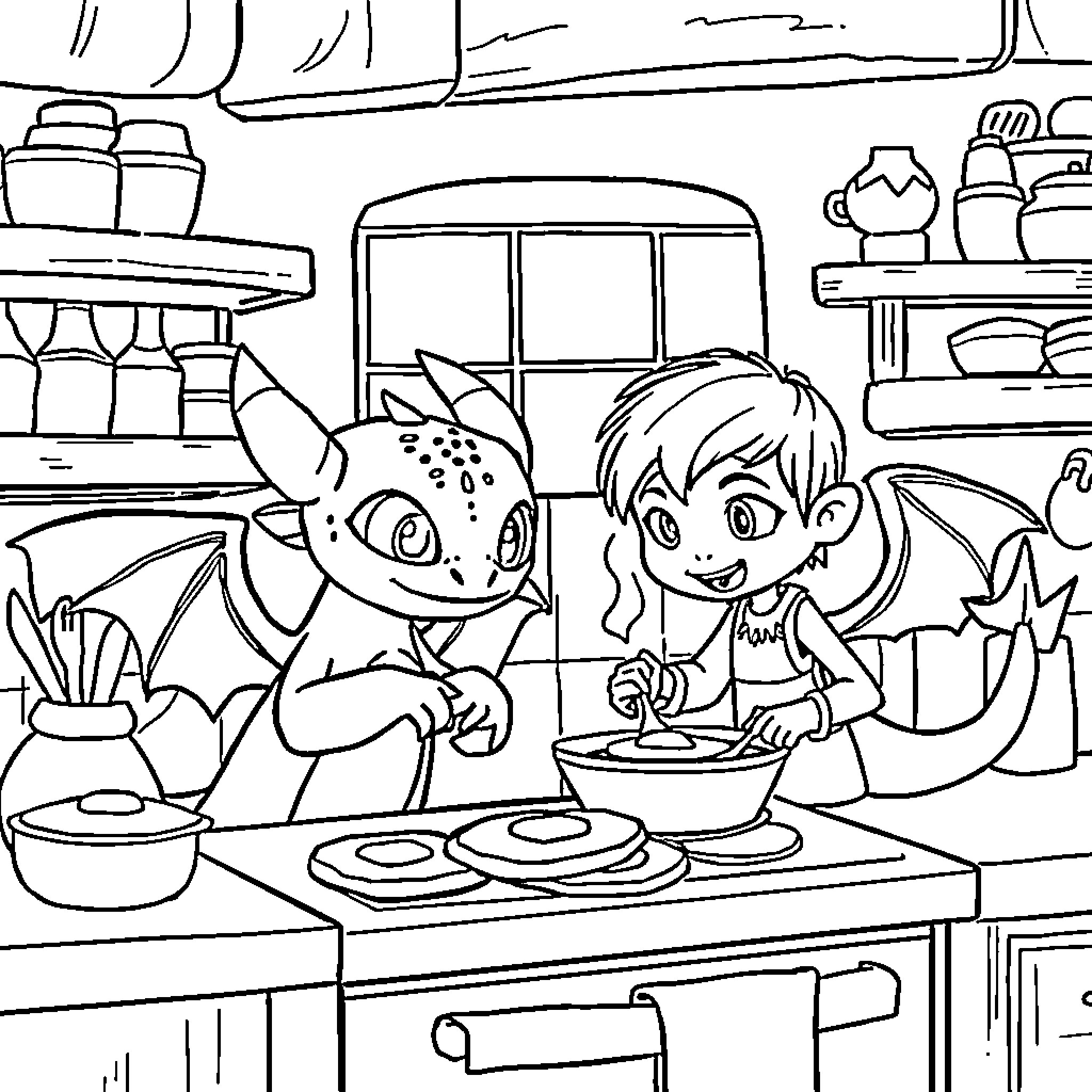 Dragon and child baking together in the kitchen Coloring Page (free black-and-white line drawing printable PDF for all, from beginners to advanced learners, including children, teens, adults, and seniors)