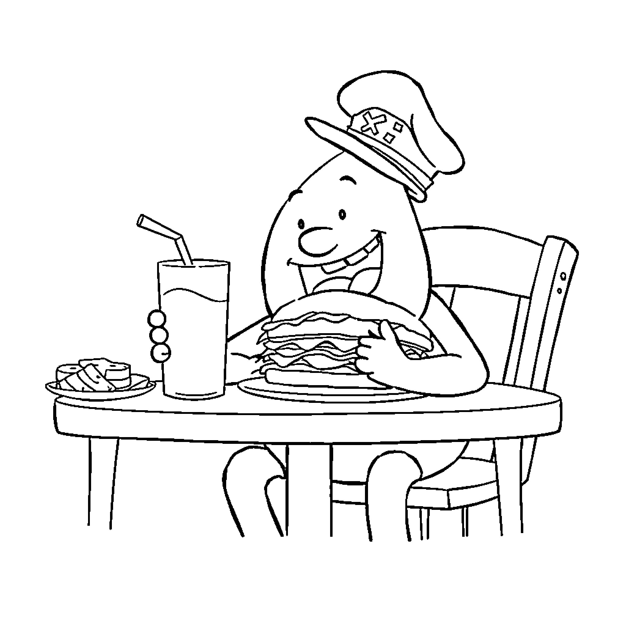 Captain Underpants Enjoying a Tasty Meal Coloring Page (free black-and-white line drawing printable PDF for all, from beginners to advanced learners, including children, teens, adults, and seniors)