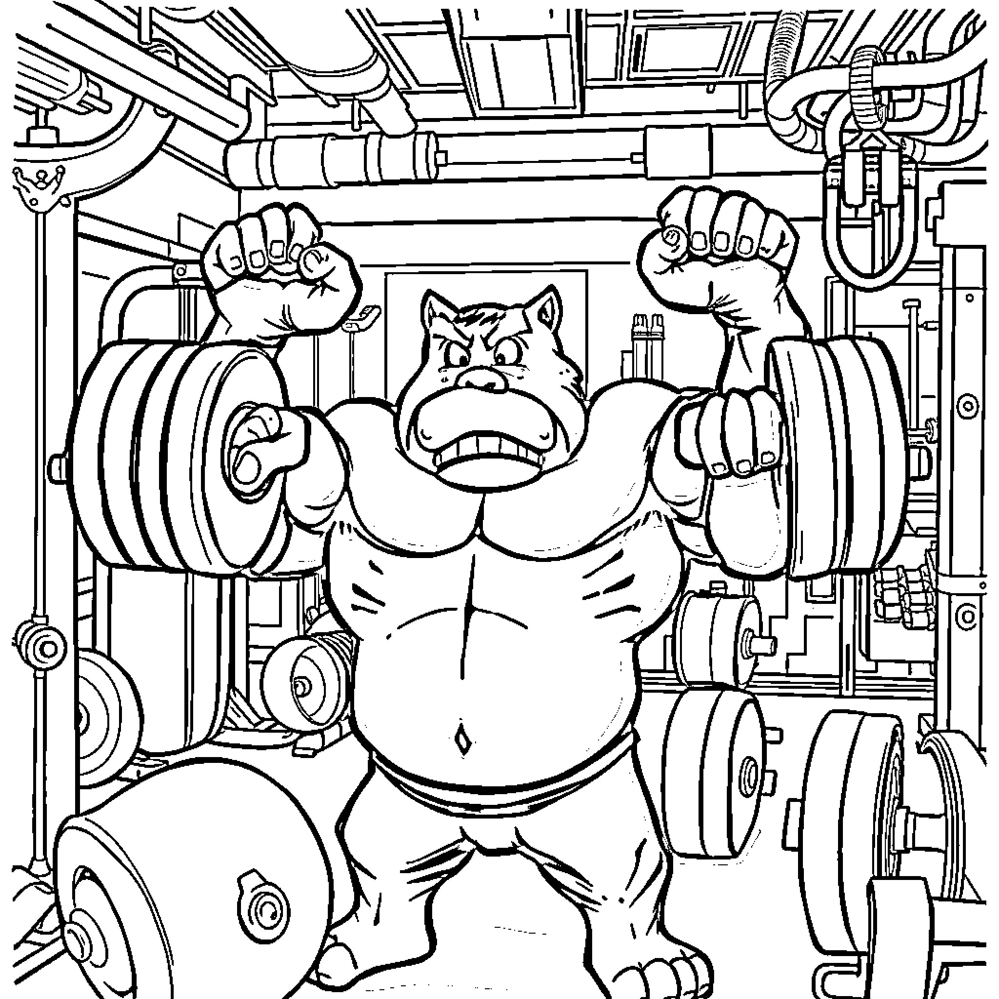 Gogu the Strong Cat Lifts Weights in Machinery Room Coloring Page (free black-and-white line drawing printable PDF for all, from beginners to advanced learners, including children, teens, adults, and seniors)