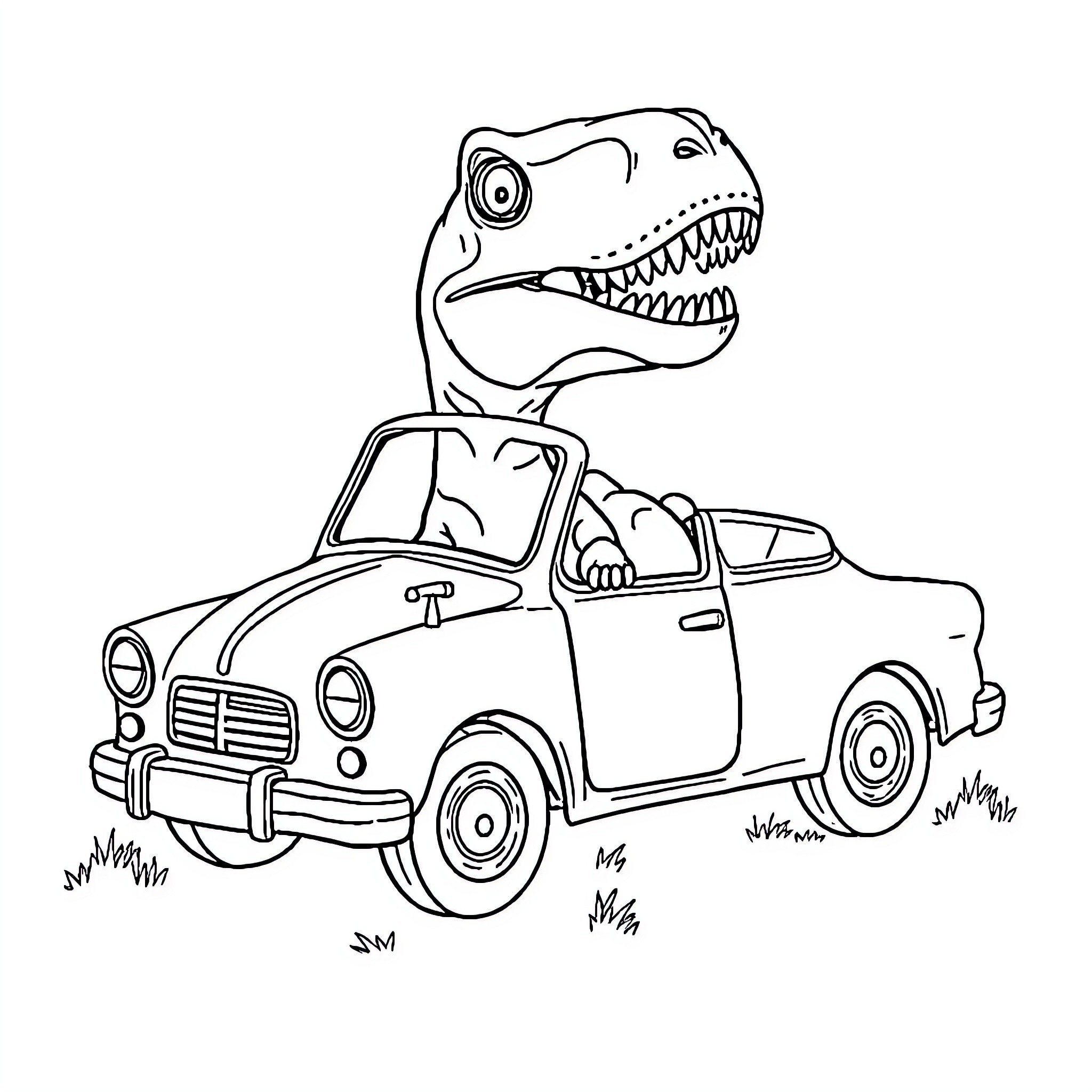 Dinosaur driving a vintage car Coloring Page (free black-and-white line drawing printable PDF for all, from beginners to advanced learners, including children, teens, adults, and seniors)