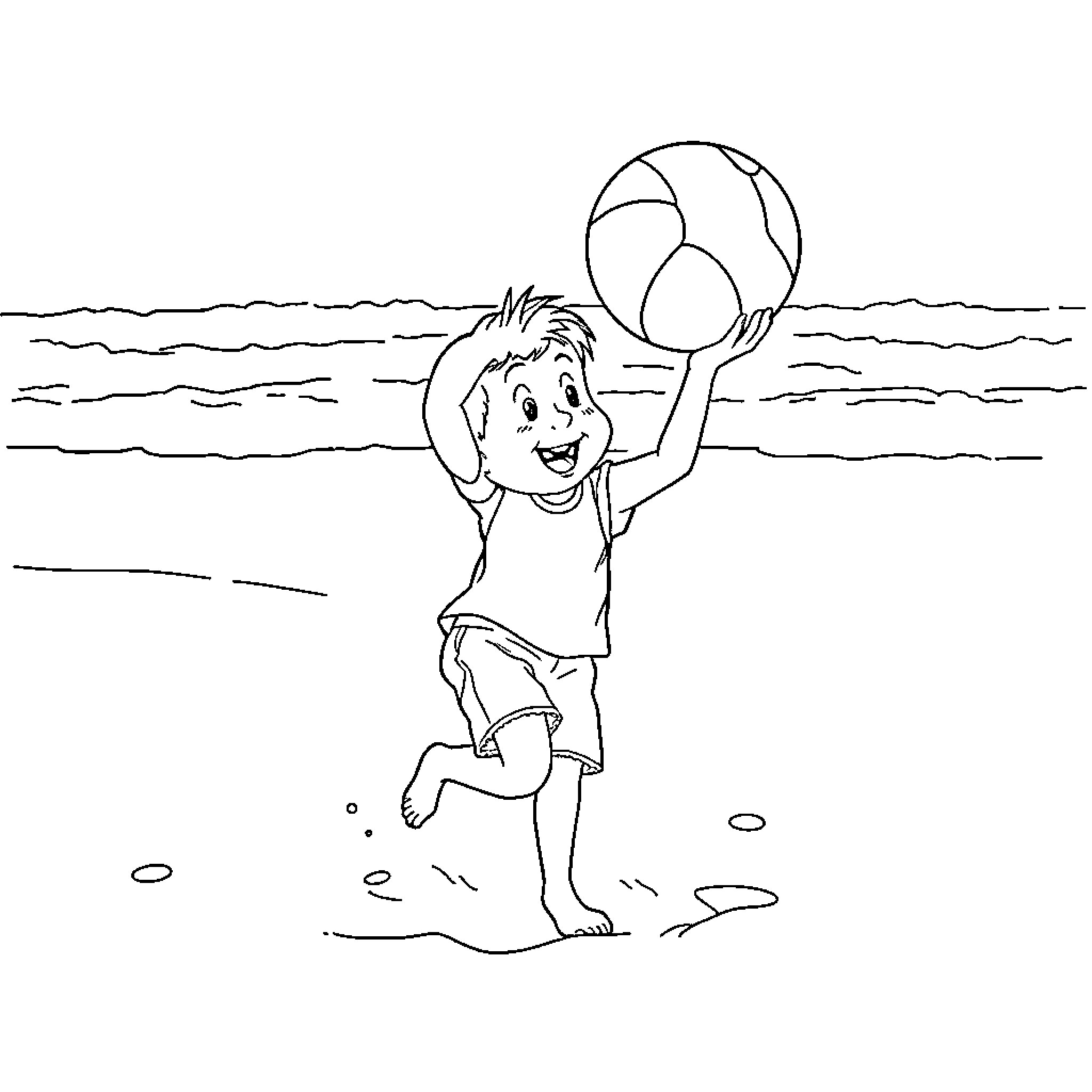 Sam playing with beach ball on the shore Coloring Page (free black-and-white line drawing printable PDF for all, from beginners to advanced learners, including children, teens, adults, and seniors)