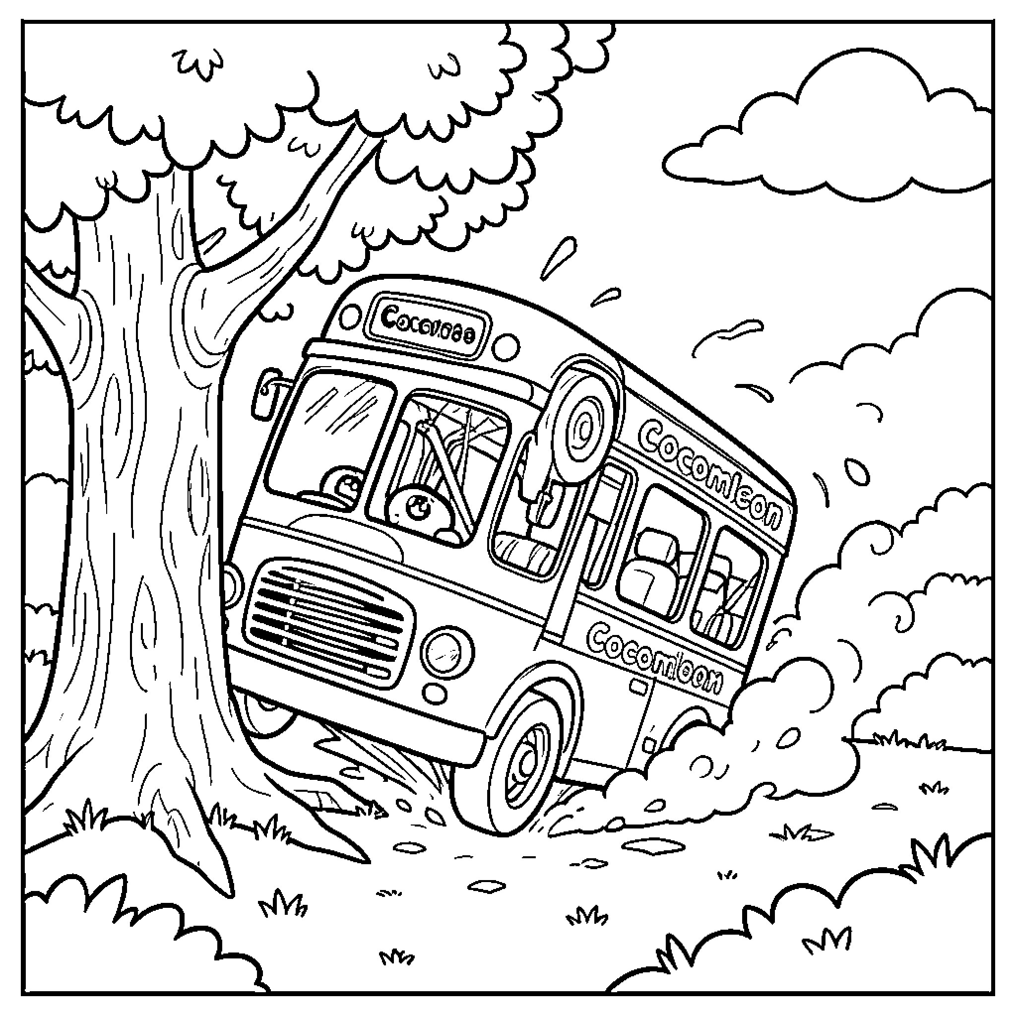 Bus driving through countryside landscape Coloring Page (free black-and-white line drawing printable PDF for all, from beginners to advanced learners, including children, teens, adults, and seniors)