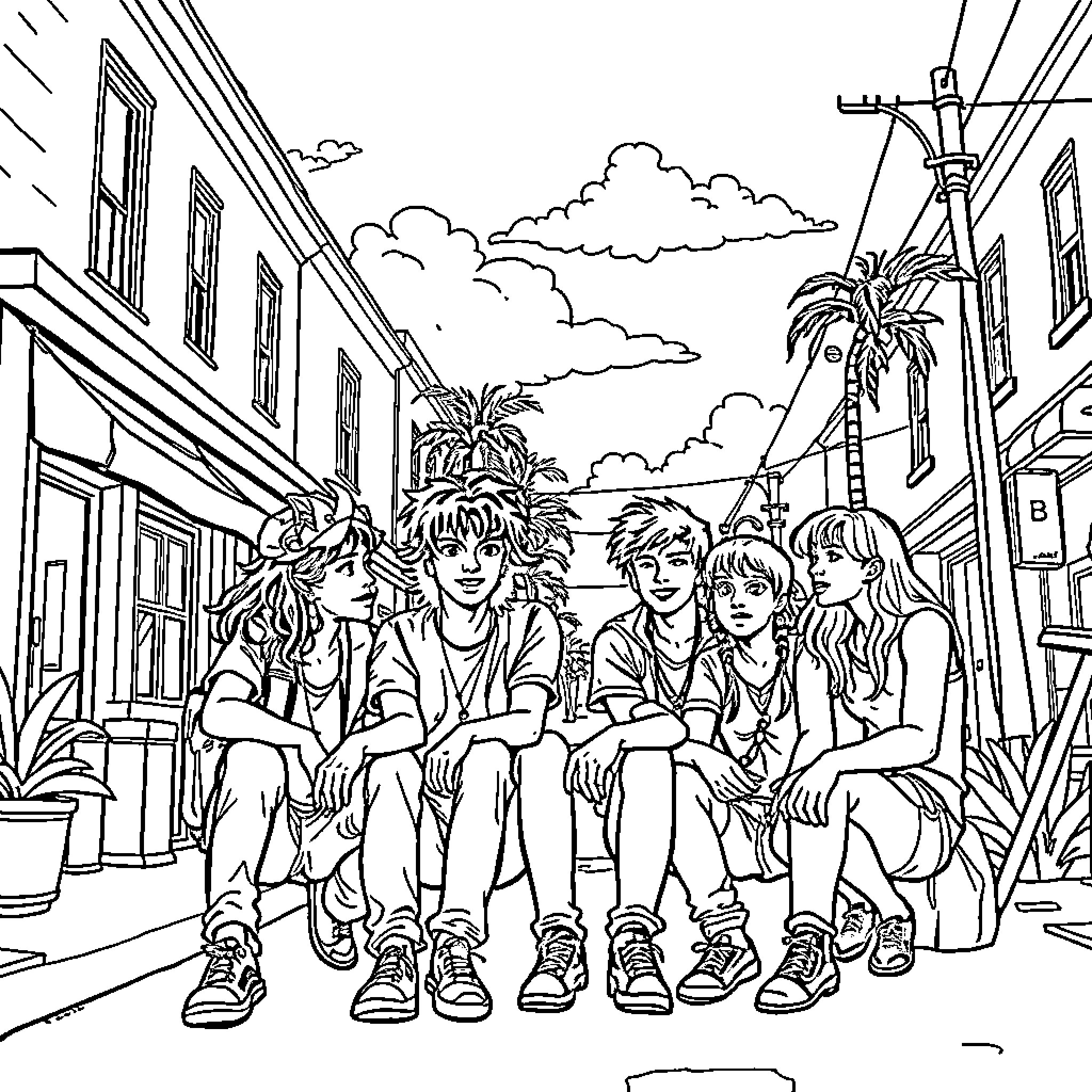 Outsiders hanging out on the city streets Coloring Page (free black-and-white line drawing printable PDF for all, from beginners to advanced learners, including children, teens, adults, and seniors)
