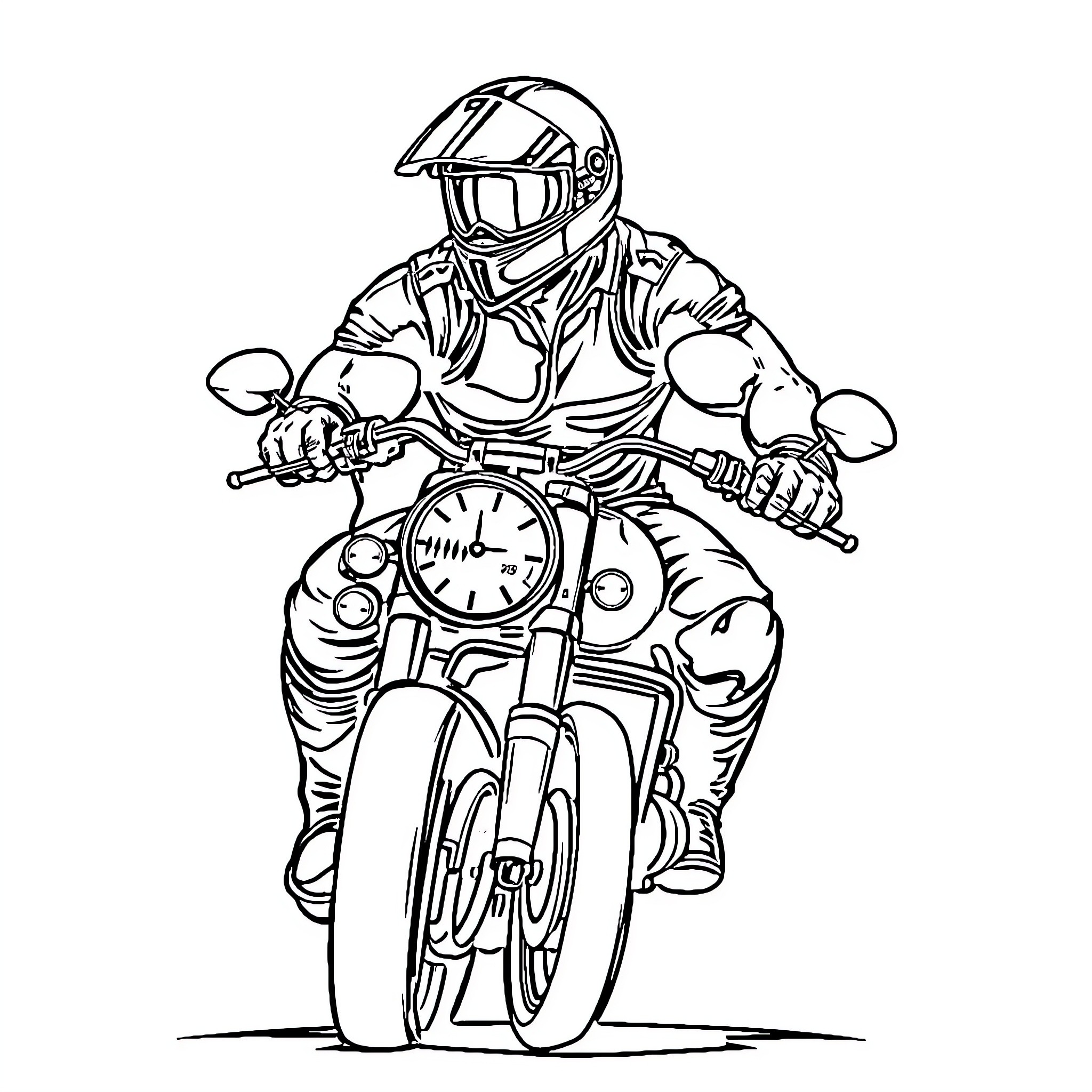Moto Boxer riding a motorcycle with determination Coloring Page (free black-and-white line drawing printable PDF for all, from beginners to advanced learners, including children, teens, adults, and seniors)