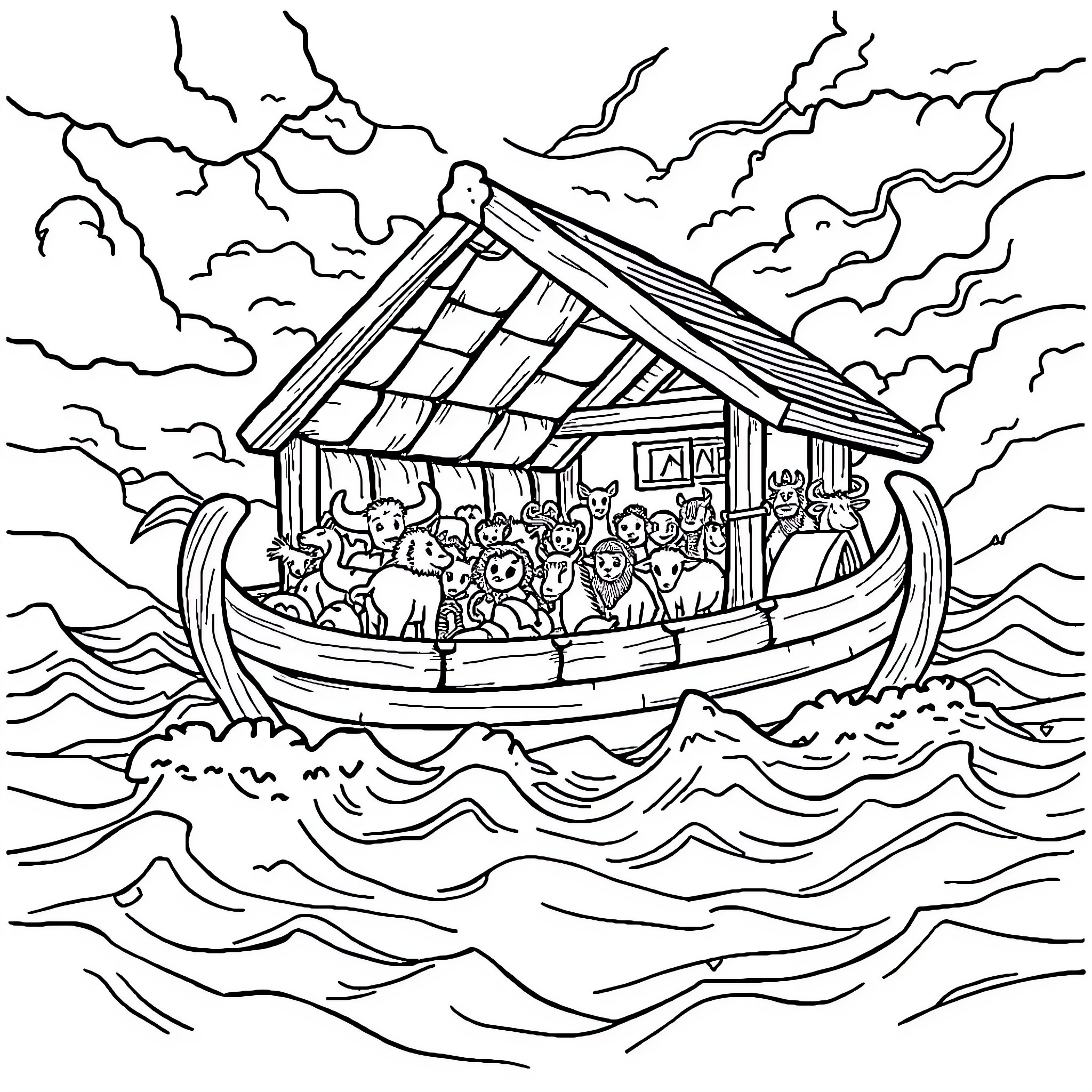 Noah's Ark carrying animals amid stormy seas Coloring Page (free black-and-white line drawing printable PDF for all, from beginners to advanced learners, including children, teens, adults, and seniors)