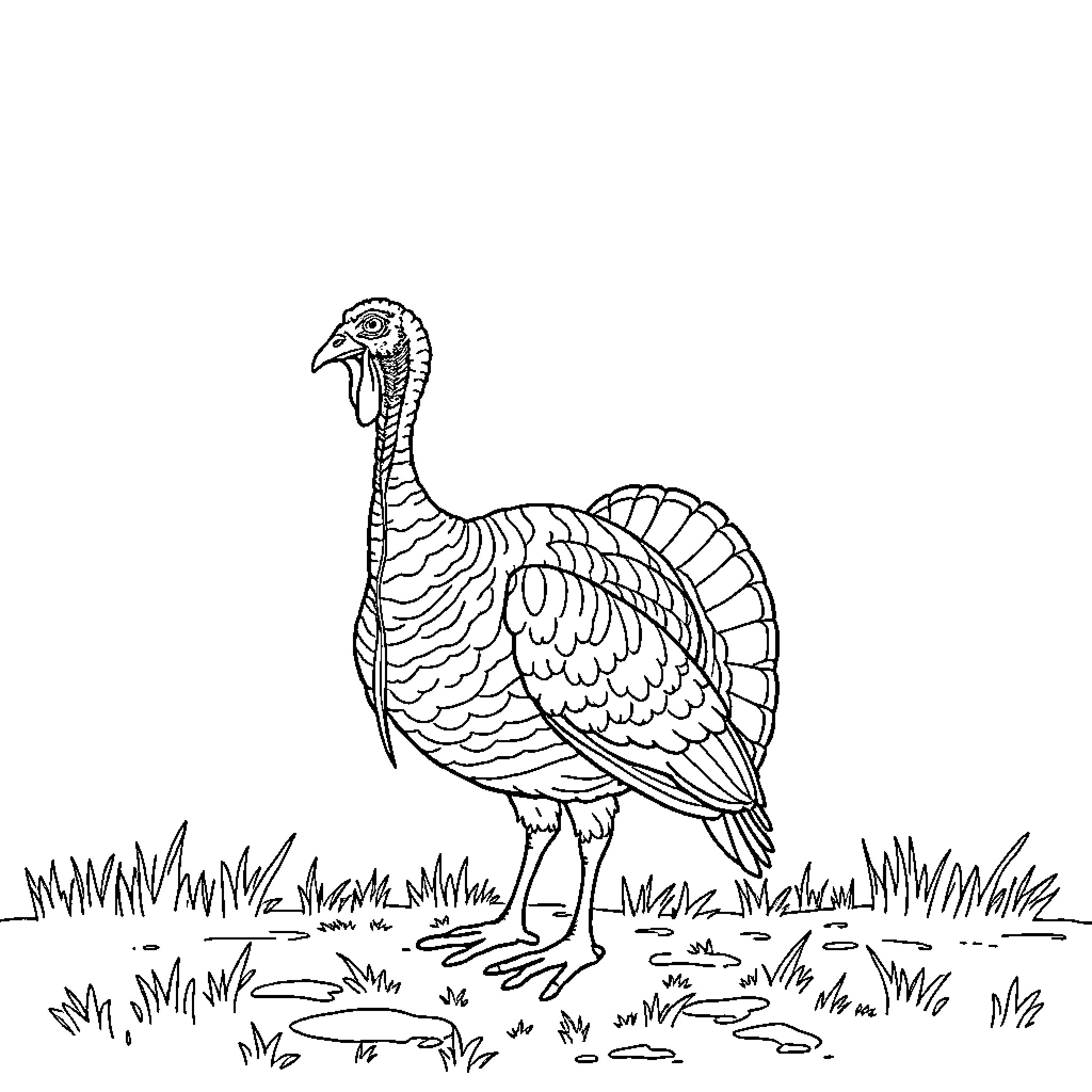 Turkey standing in a field Coloring Page (free black-and-white line drawing printable PDF for all, from beginners to advanced learners, including children, teens, adults, and seniors)