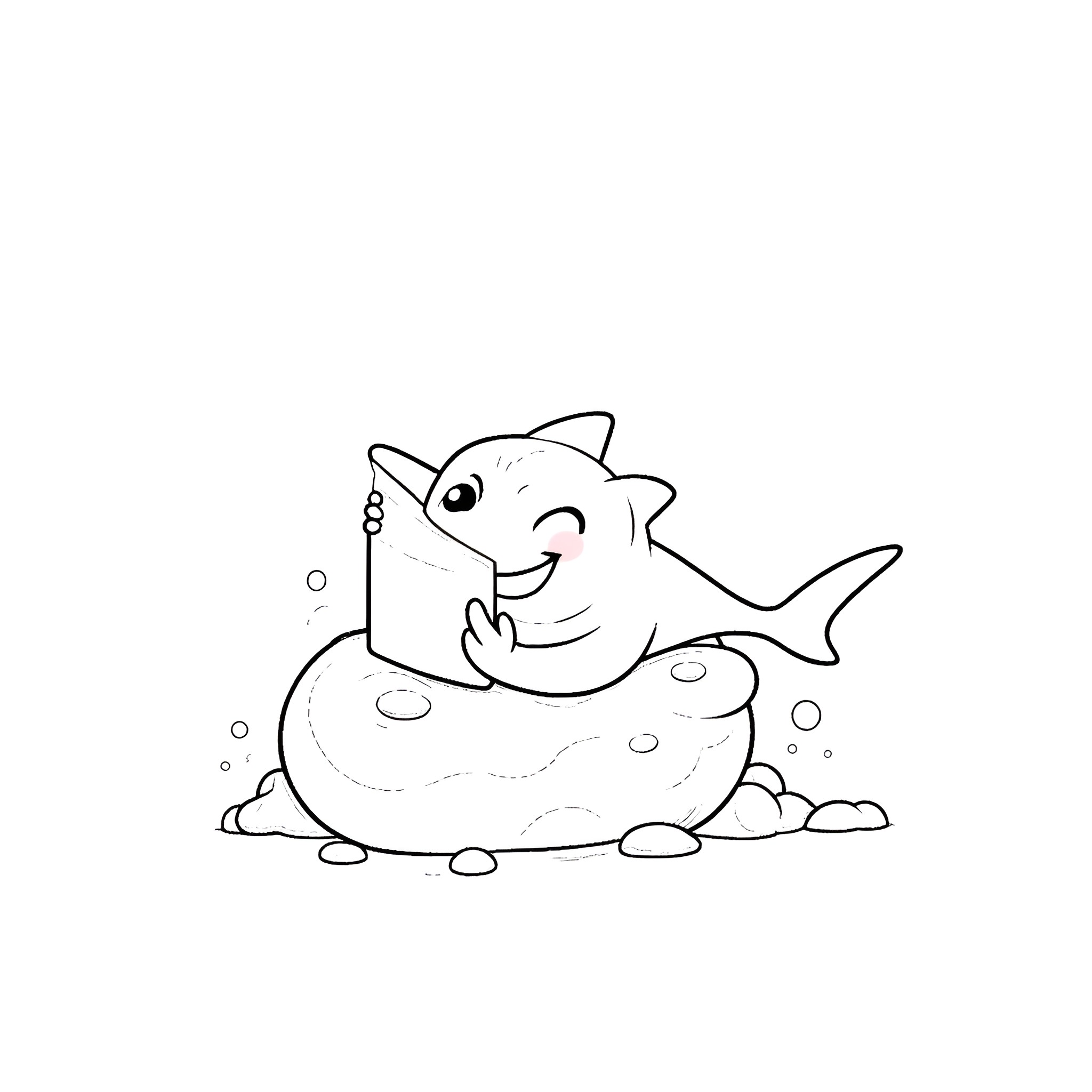 Shark happily swimming in the ocean Coloring Page (free black-and-white line drawing printable PDF for all, from beginners to advanced learners, including children, teens, adults, and seniors)