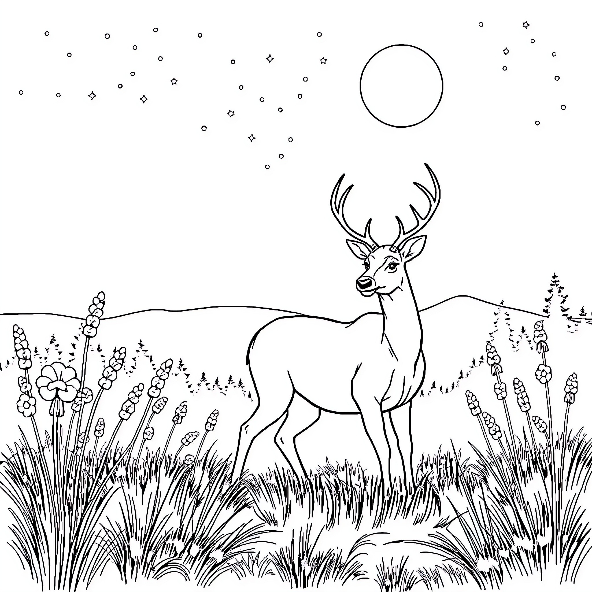 Deer standing amidst nature's tranquil scene Coloring Page (free black-and-white line drawing printable PDF for all, from beginners to advanced learners, including children, teens, adults, and seniors)